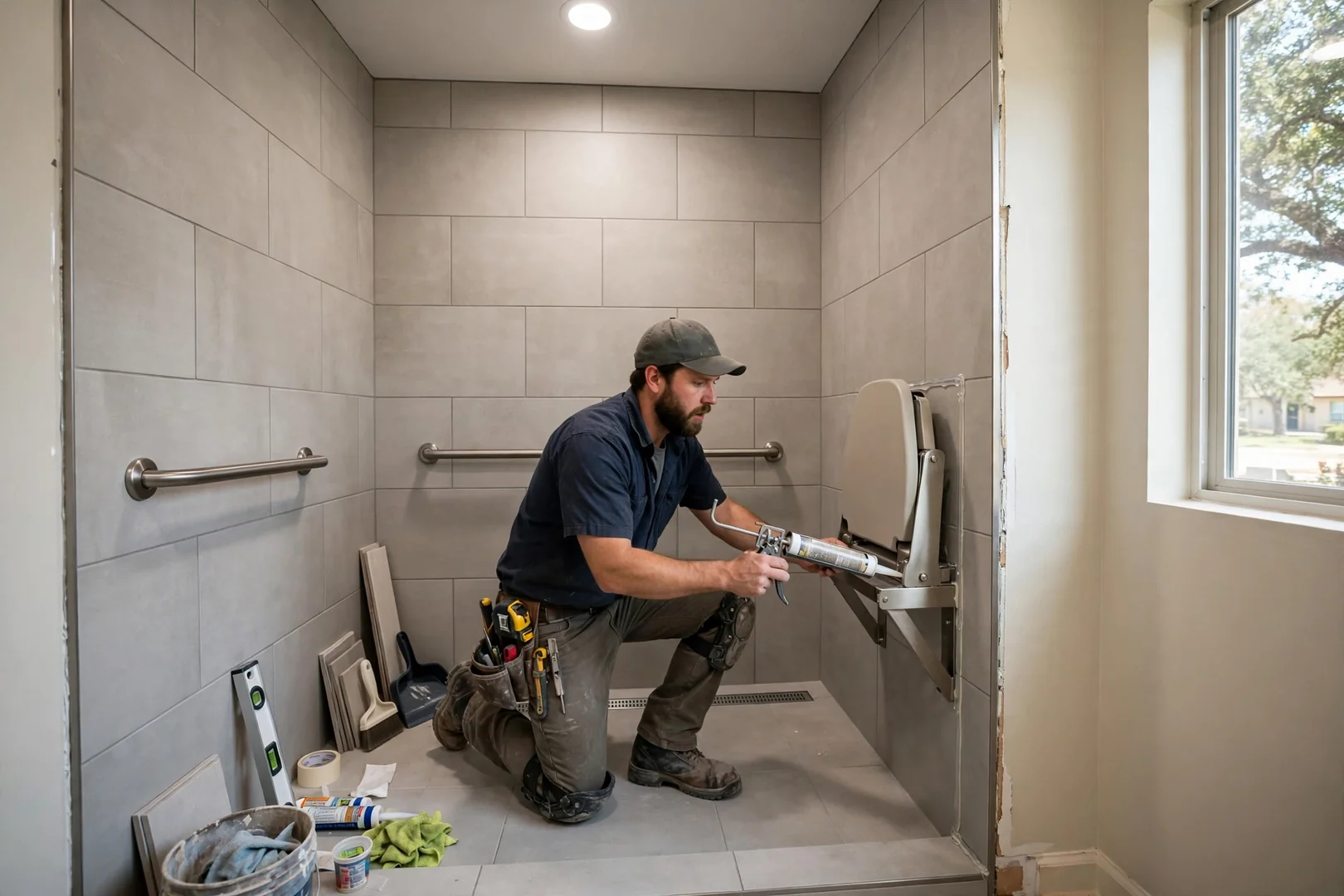 Curbless tile shower with grab bars and folding seat in a Rowlett accessible bathroom