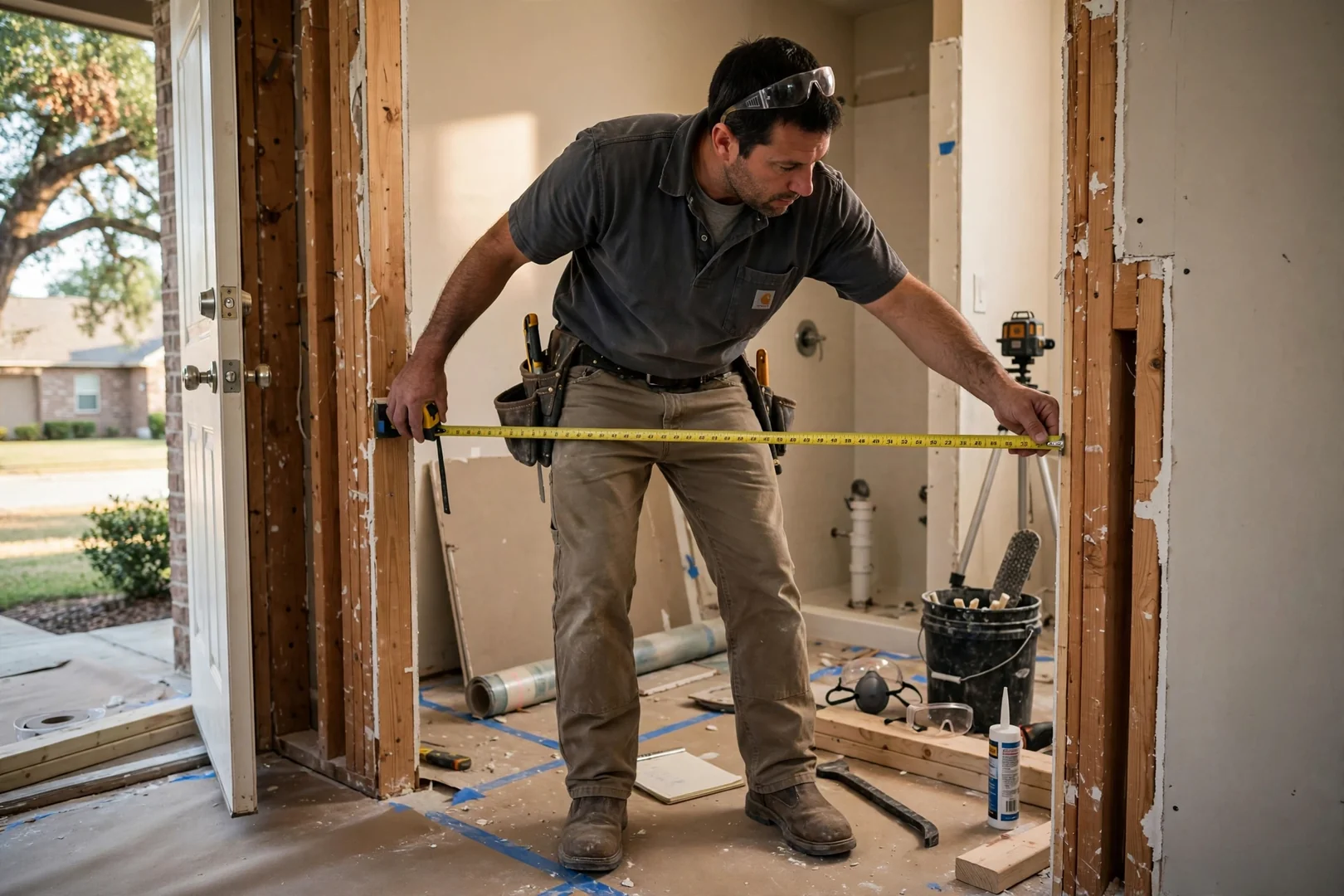 Contractor measuring doorway clearance while preparing an accessible bathroom remodel estimate
