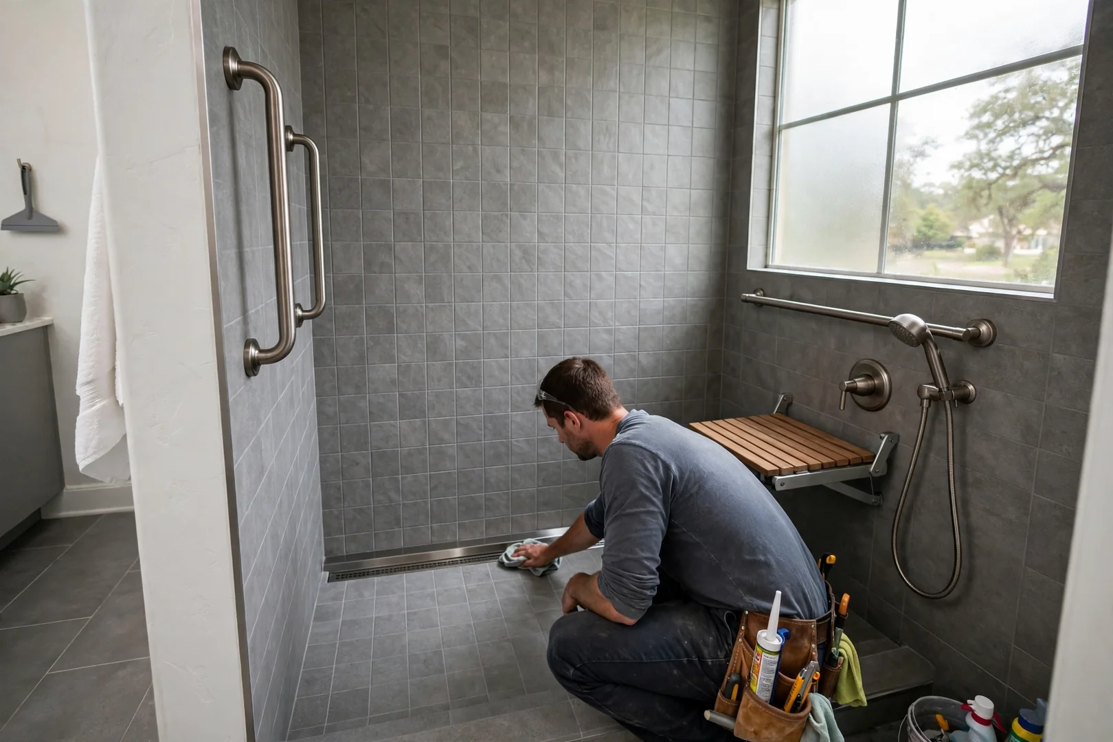 Finished curbless shower with linear drain and slip-resistant tile in a Rowlett ranch home