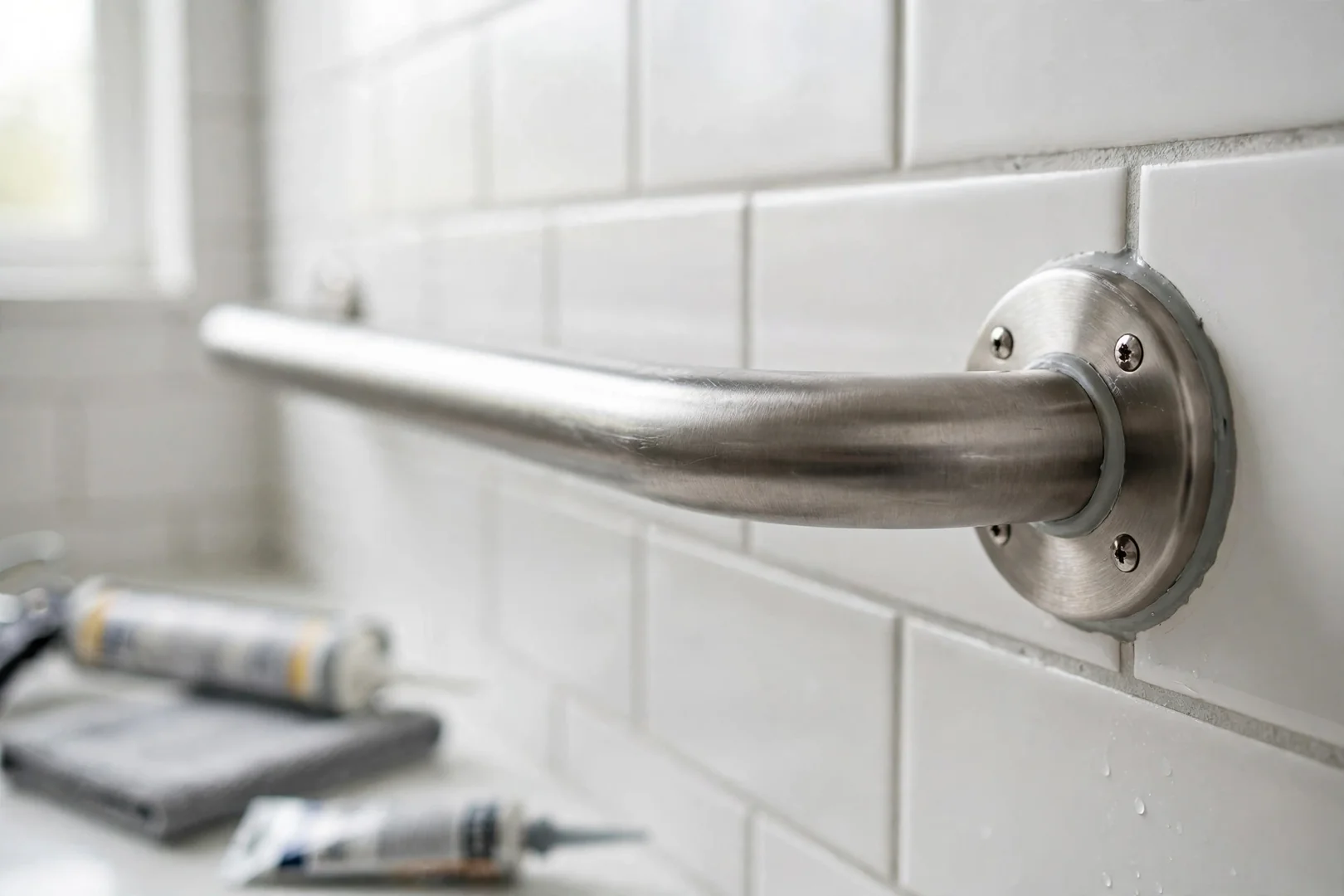 Close-up of grab bar anchored into reinforced wall blocking beside a tiled shower entry