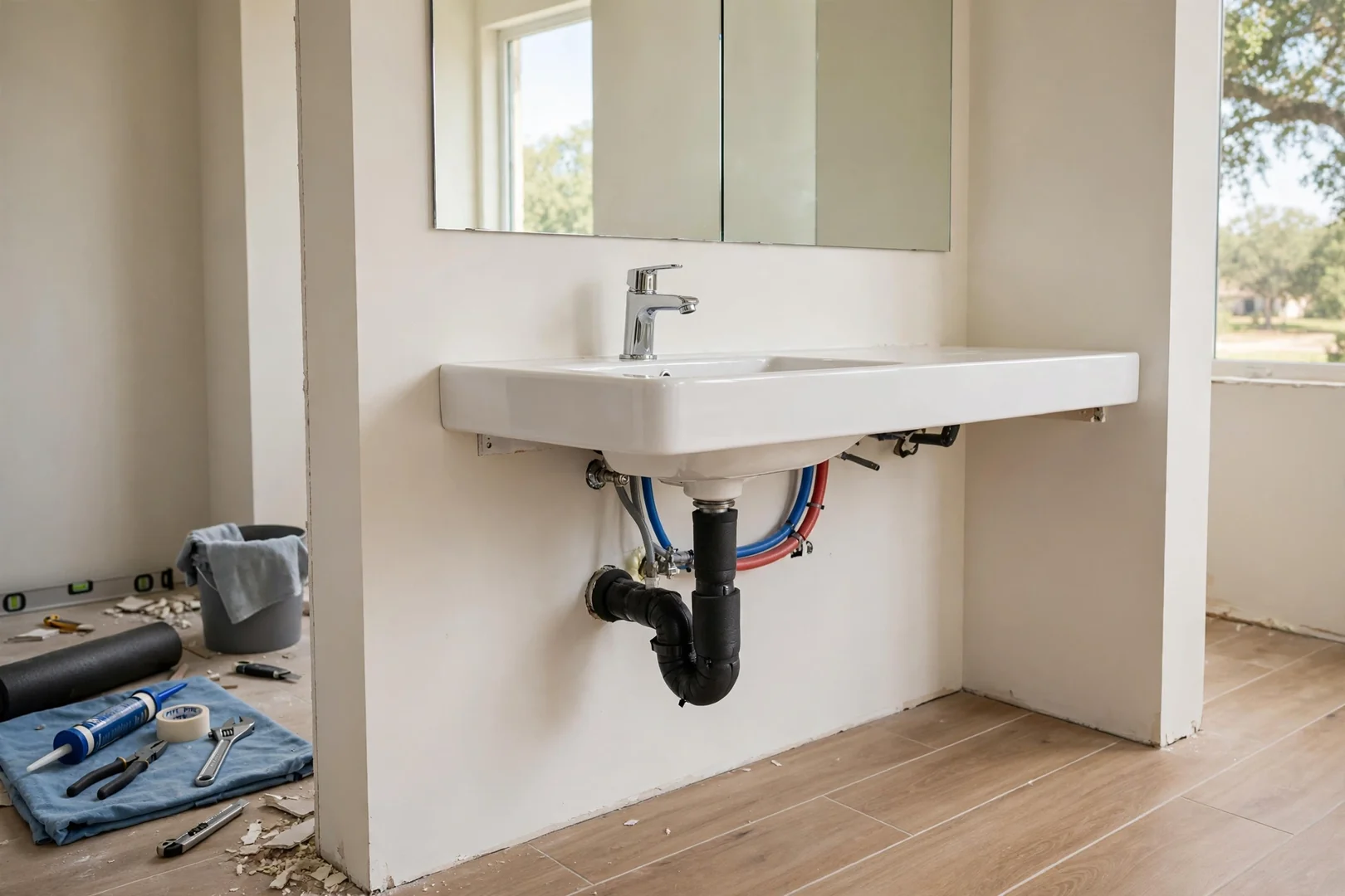 Roll-under vanity with open knee space and lever faucet in an accessible bathroom