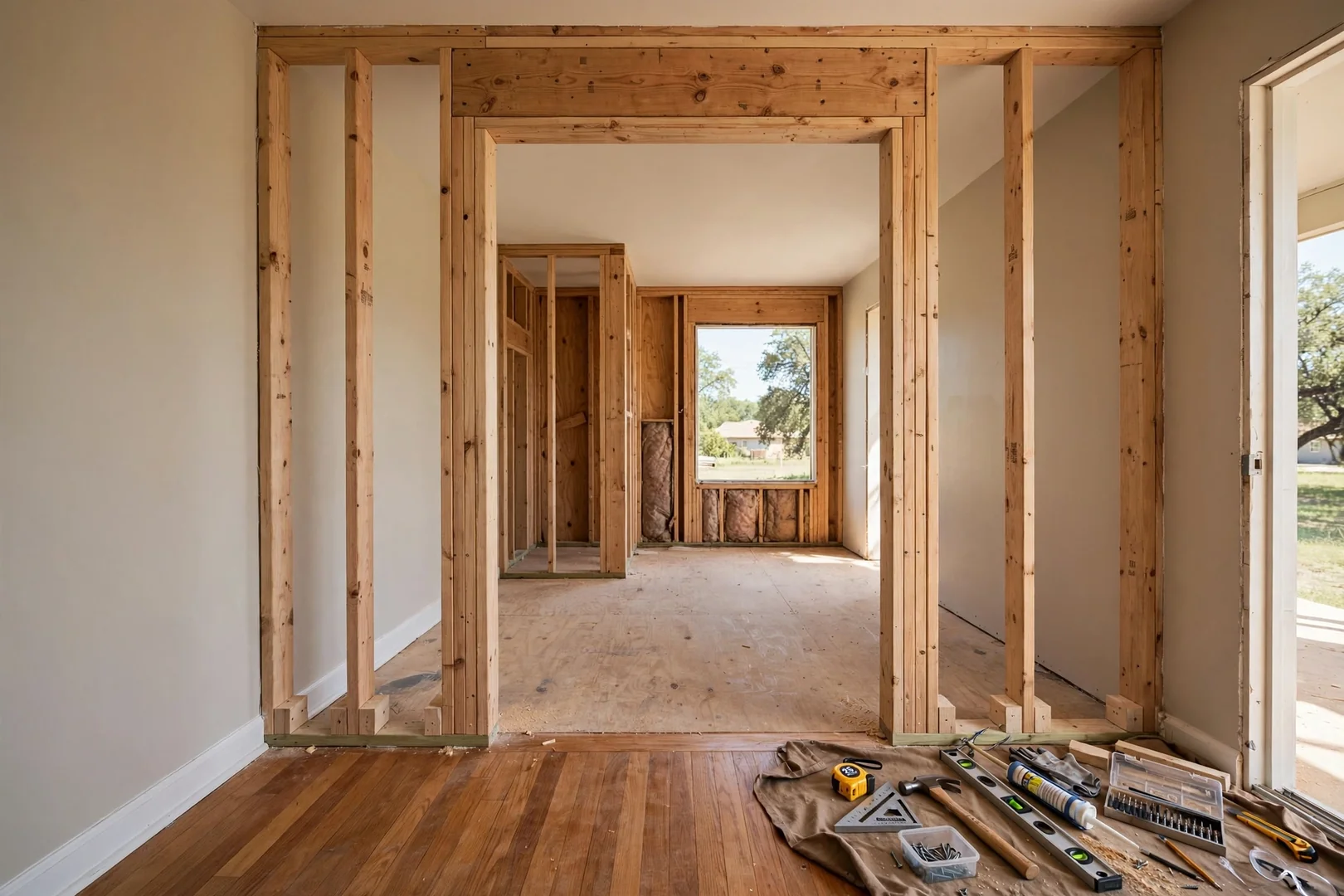 Widened bathroom doorway with offset hinges and level threshold during a remodel