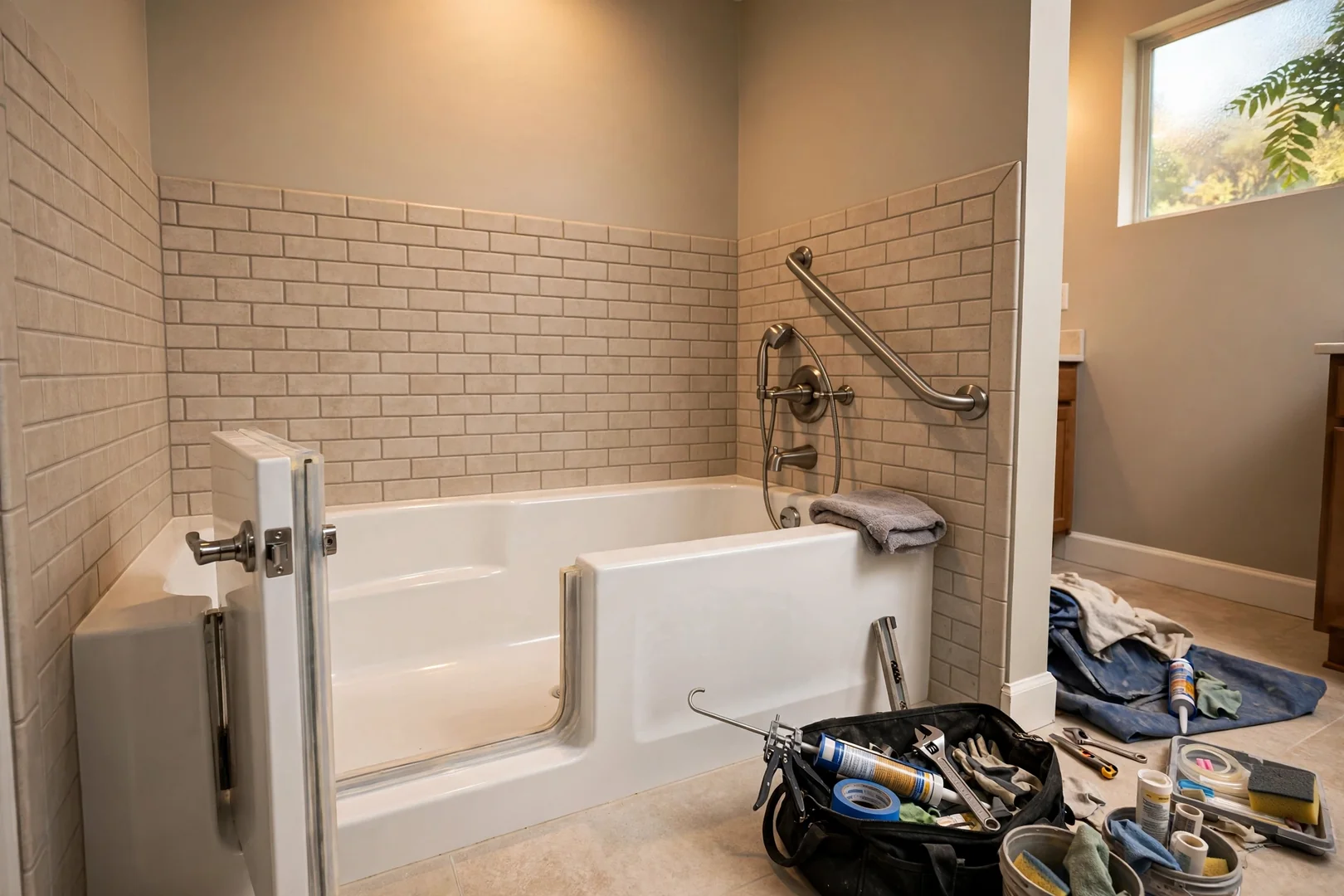 Walk-in tub with low step-in door and side grab rail installed in a Rowlett bathroom