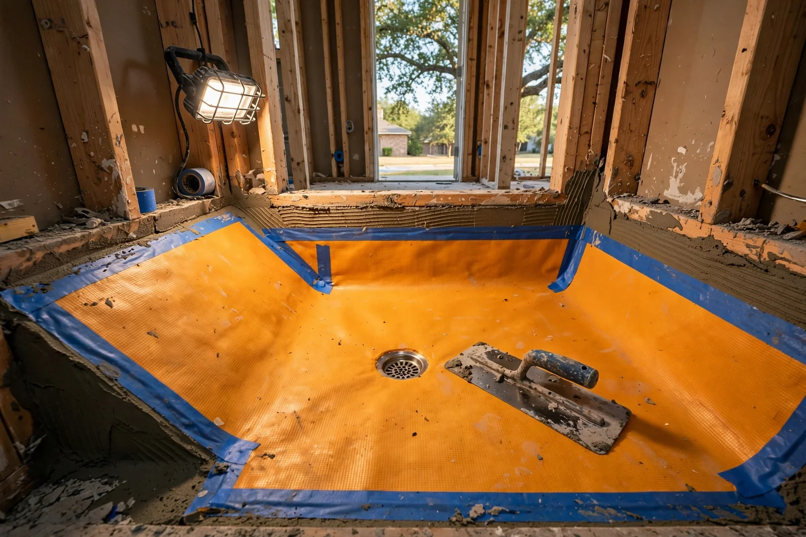 Waterproof membrane and sloped shower pan prepared before tile installation on a bathroom floor