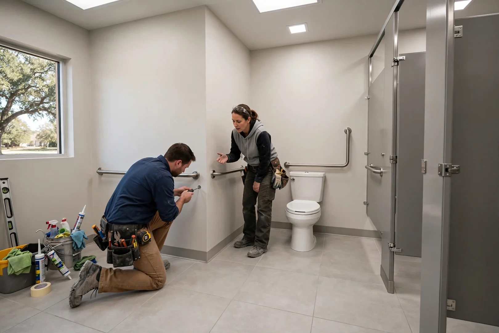 Accessible commercial restroom stall with grab bars and comfort height fixtures in Rowlett