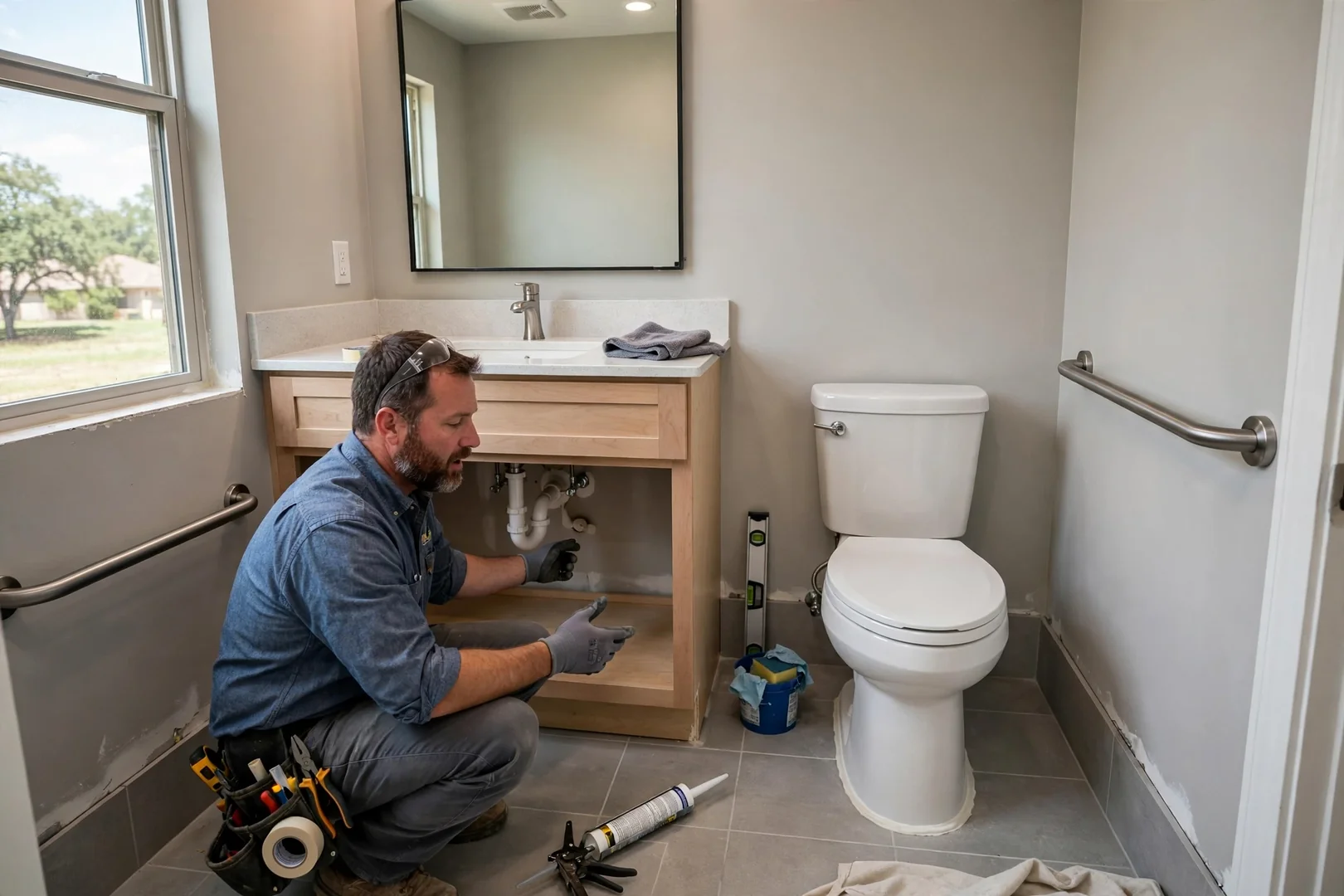 Roll-under vanity and comfort-height toilet in a remodeled accessible bathroom