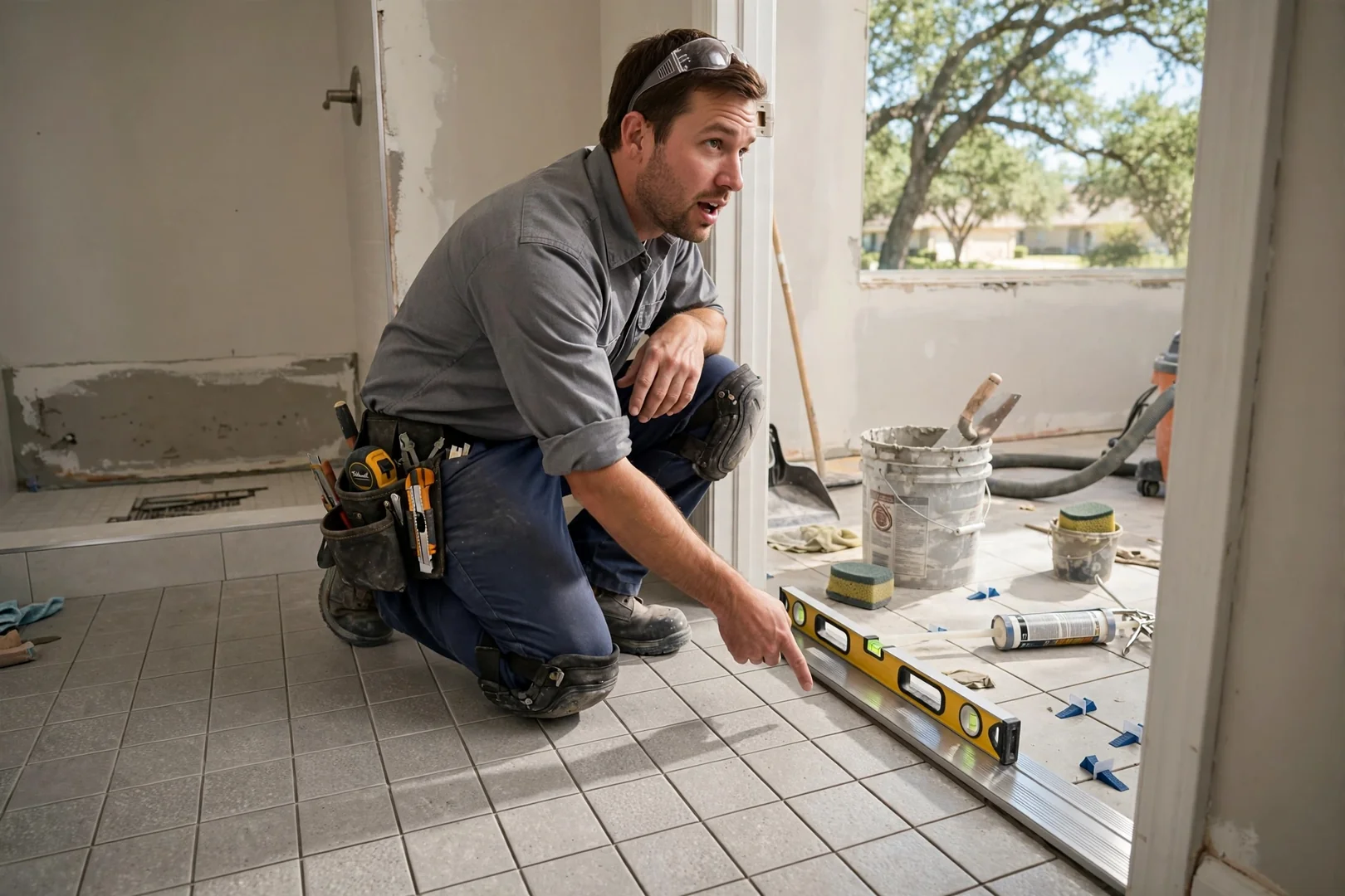 Slip-resistant porcelain tile floor with level threshold in a Rowlett bathroom