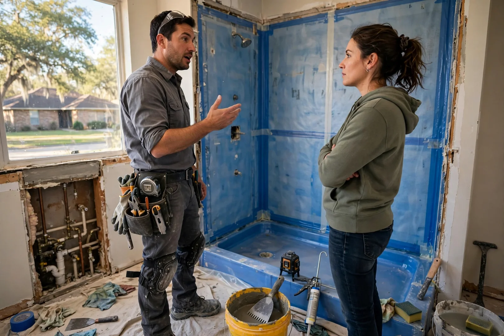 Remodeler setting tile on a new walk-in shower wall in a Rowlett home