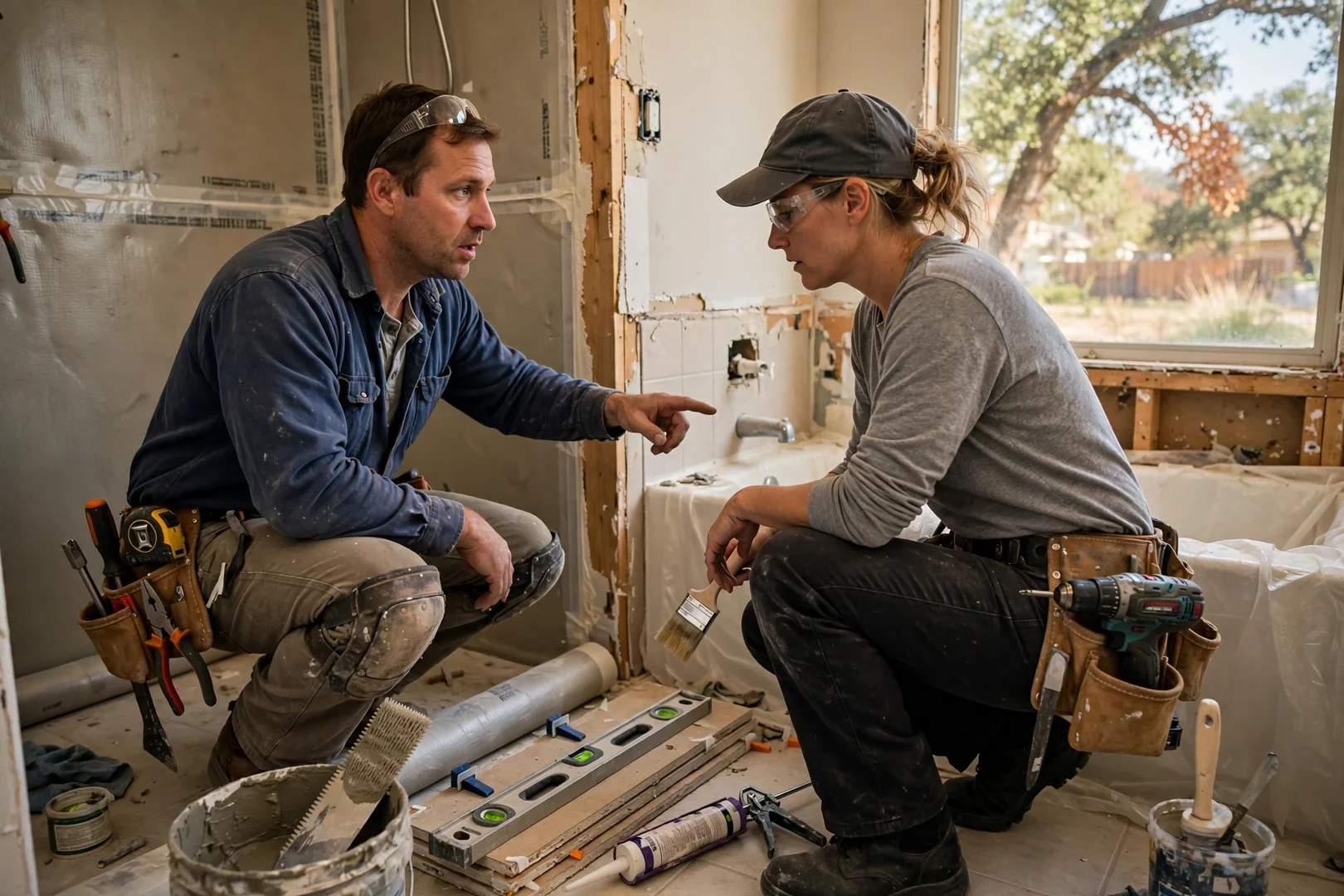 Remodeler reviewing shower waterproofing details with homeowners in a Rowlett bathroom