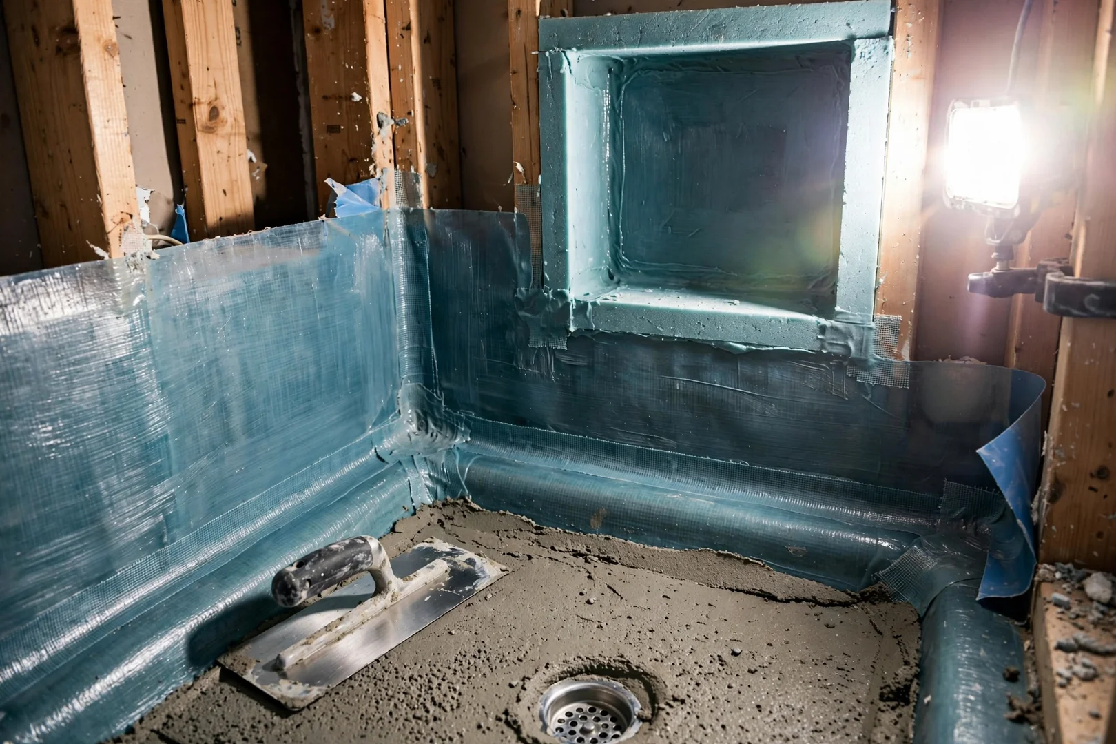 Close-up of waterproofing membrane applied over shower pan before tile installation