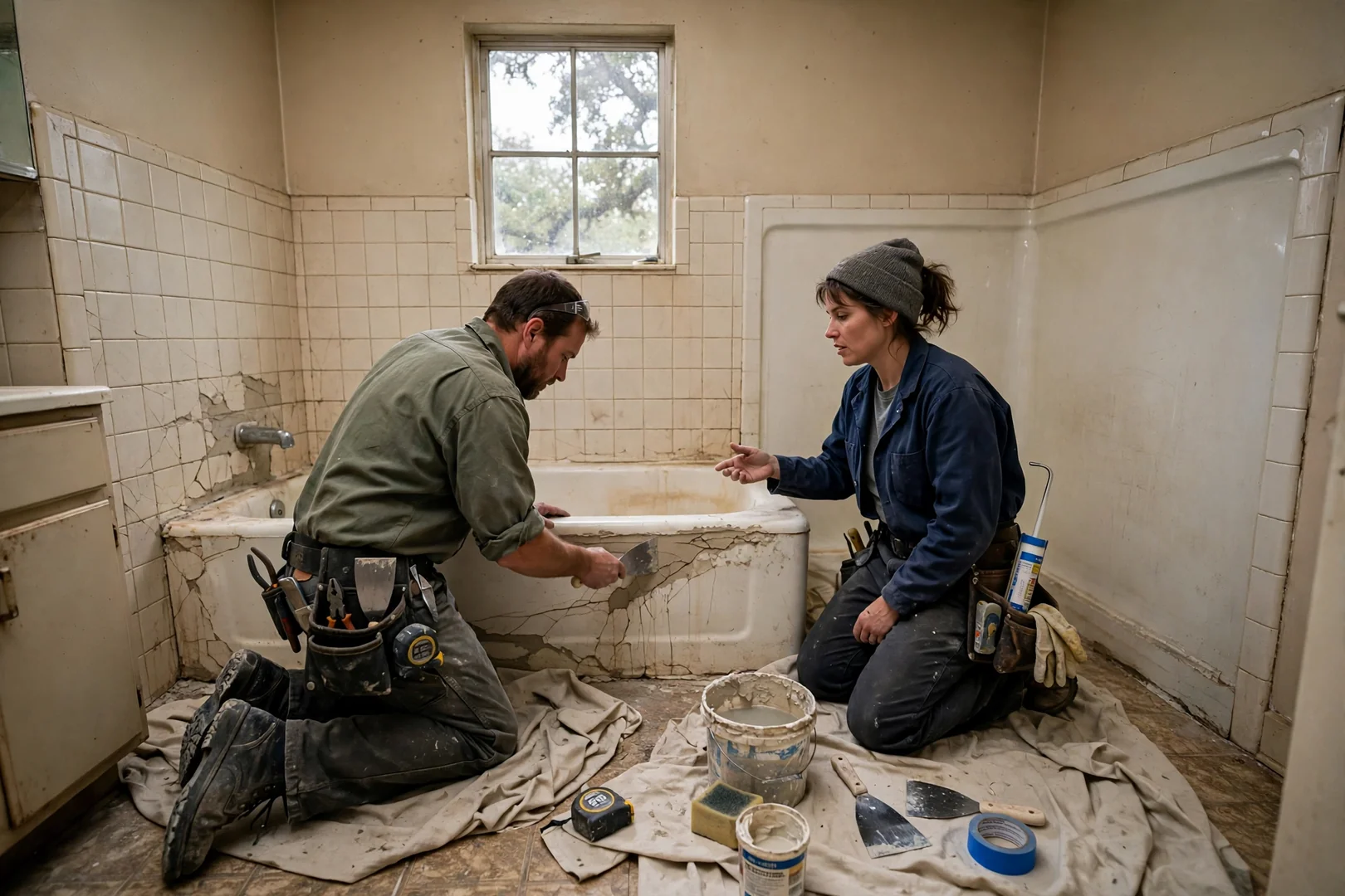 Older bathroom with dated alcove tub awaiting tub-to-shower conversion