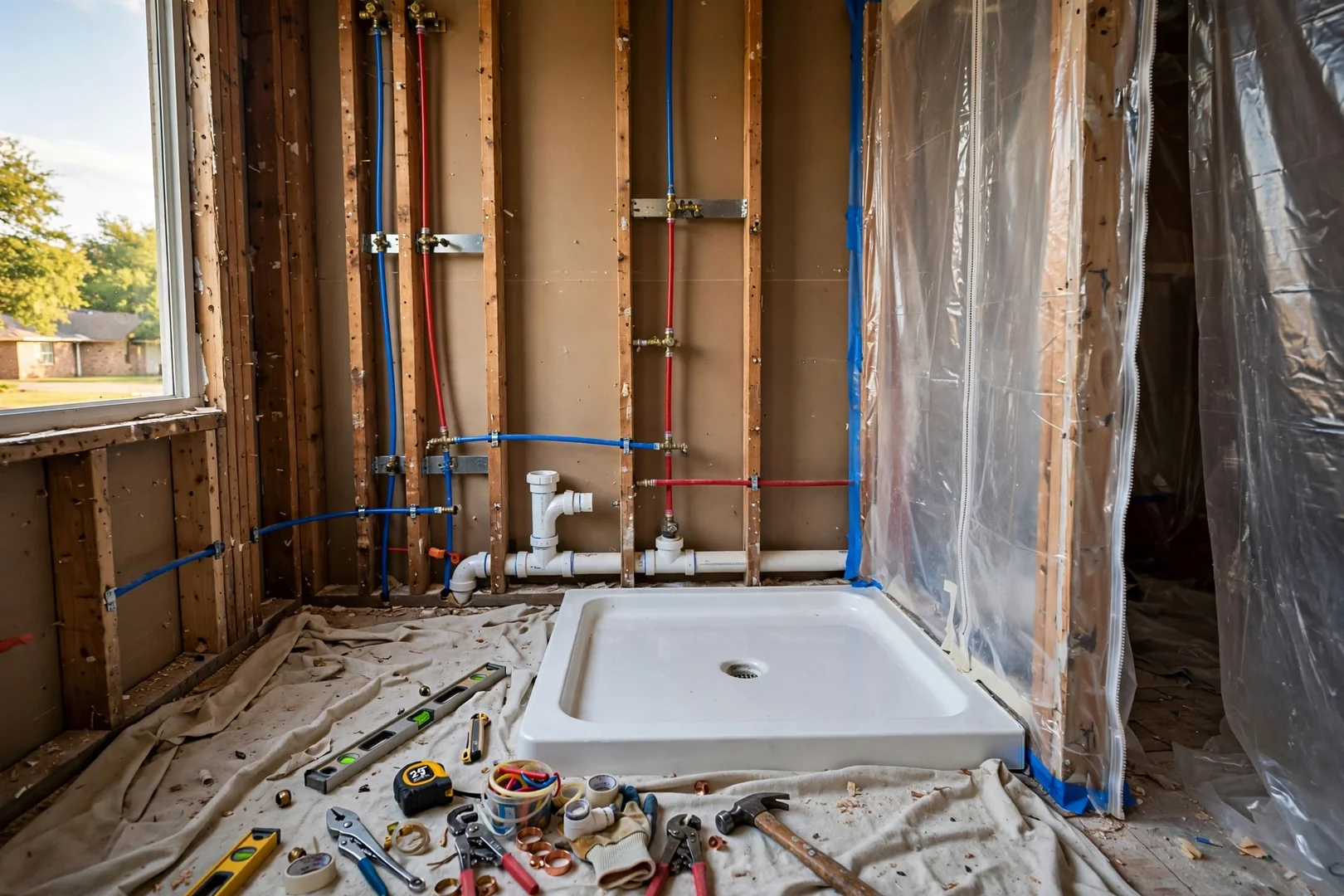 Job site with rough plumbing and framing exposed during a full bathroom remodel