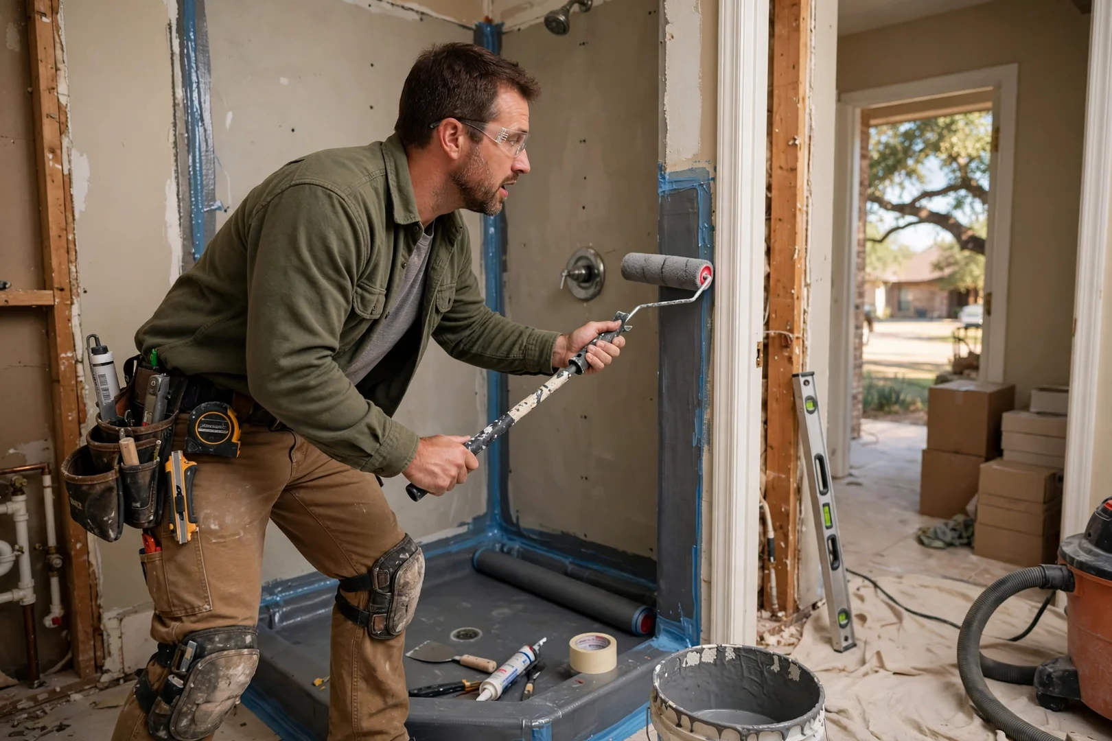 Remodeler setting waterproof membrane in a Rowlett walk-in shower pan
