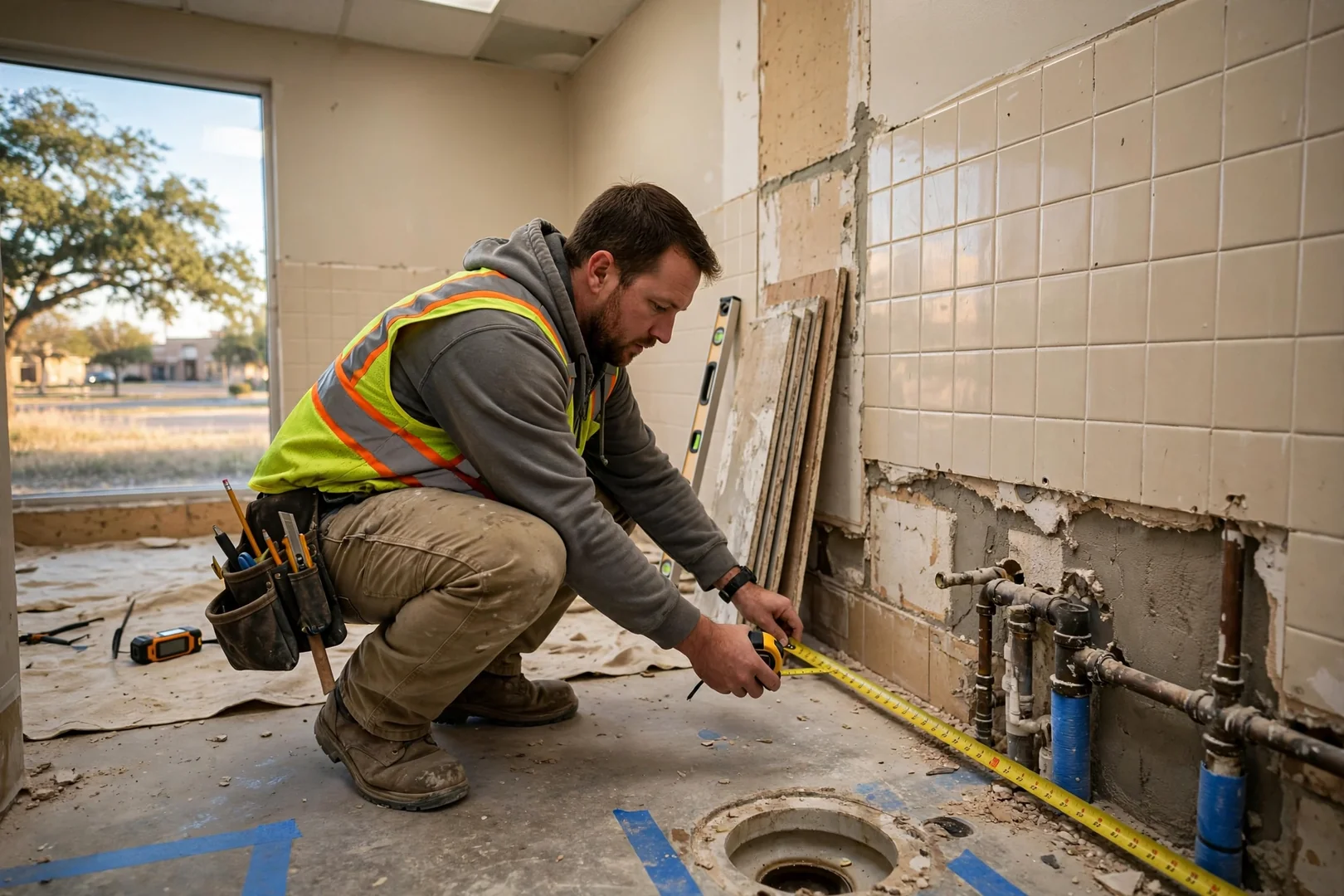 Contractor measuring a commercial restroom layout during a cost assessment in Rowlett