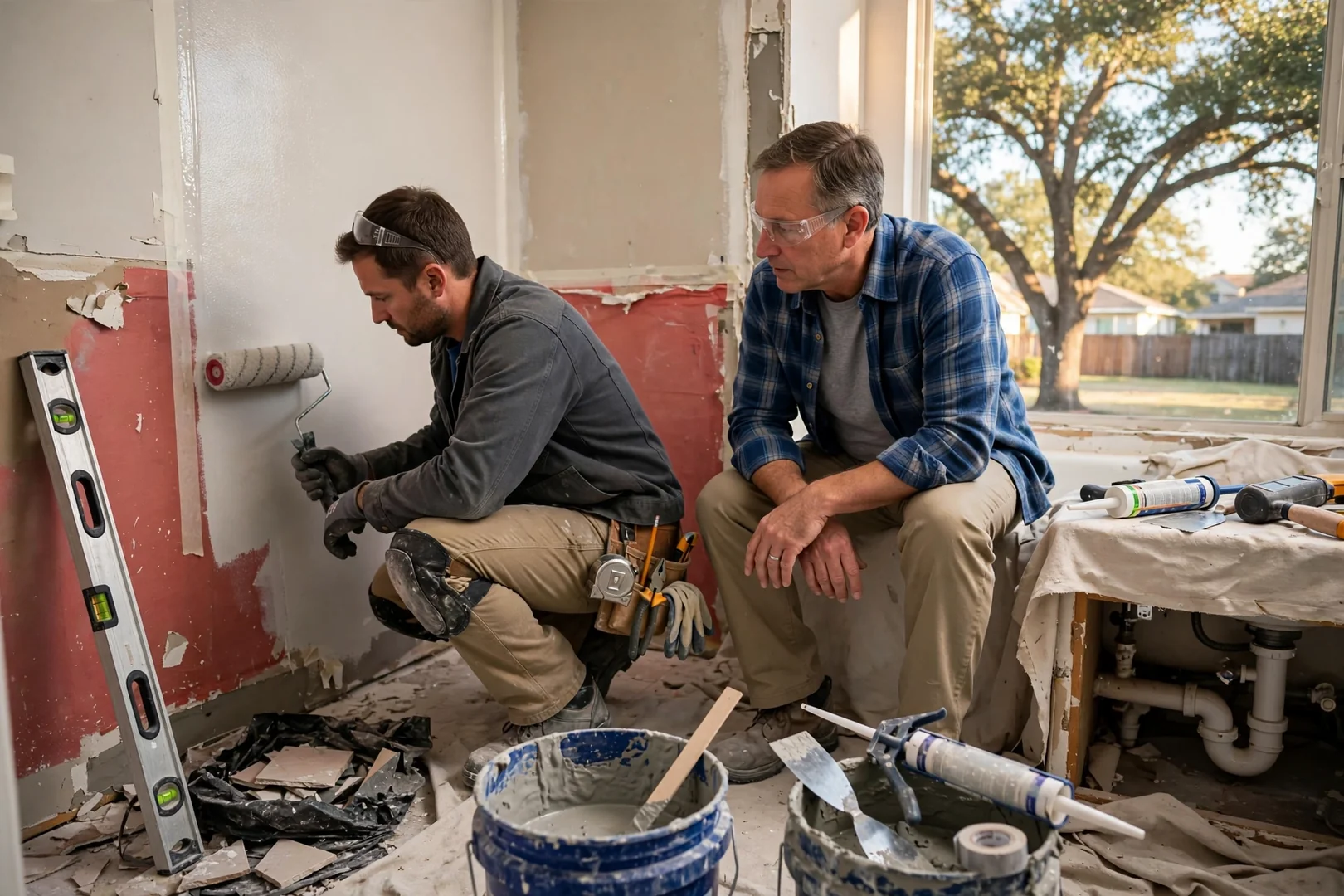 Contractor reviewing commercial restroom remodel plans with a business owner in Rowlett