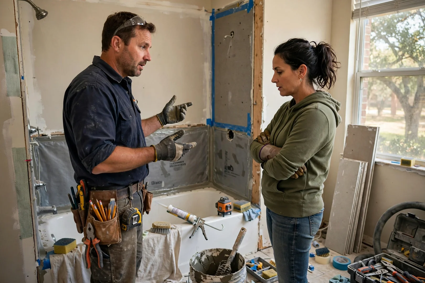Contractor reviewing commercial restroom layout plans inside a Rowlett business building
