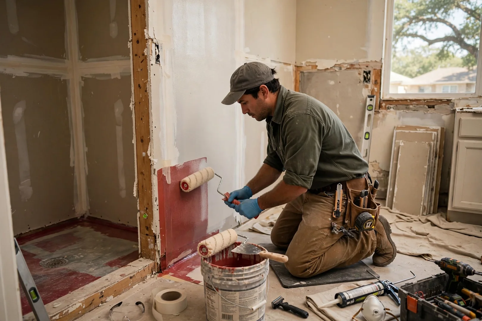 Commercial restroom renovation in progress with tile work and partitions in a Rowlett office building