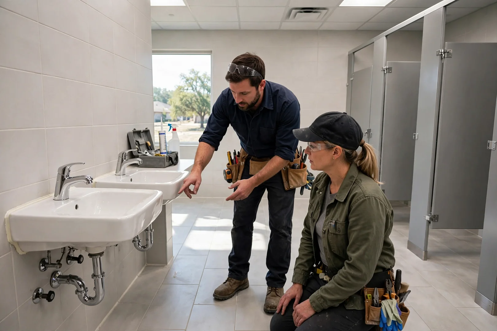 Finished commercial restroom with porcelain tile floor and wall-hung sinks in Rowlett