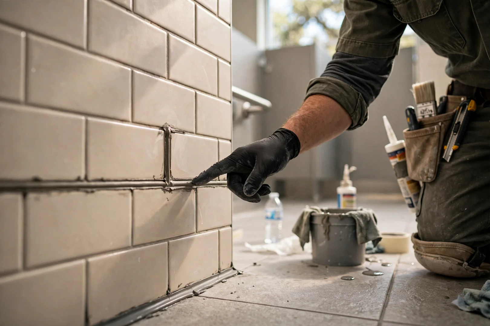 Close-up of sealed grout joints and tile transition in a high-traffic restroom