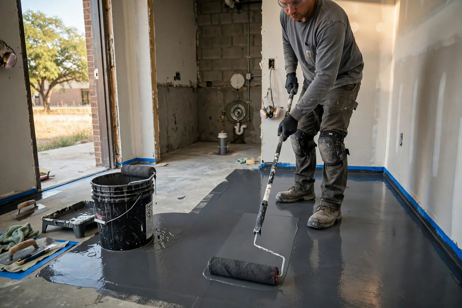 Liquid-applied waterproofing membrane rolled across a commercial restroom floor substrate