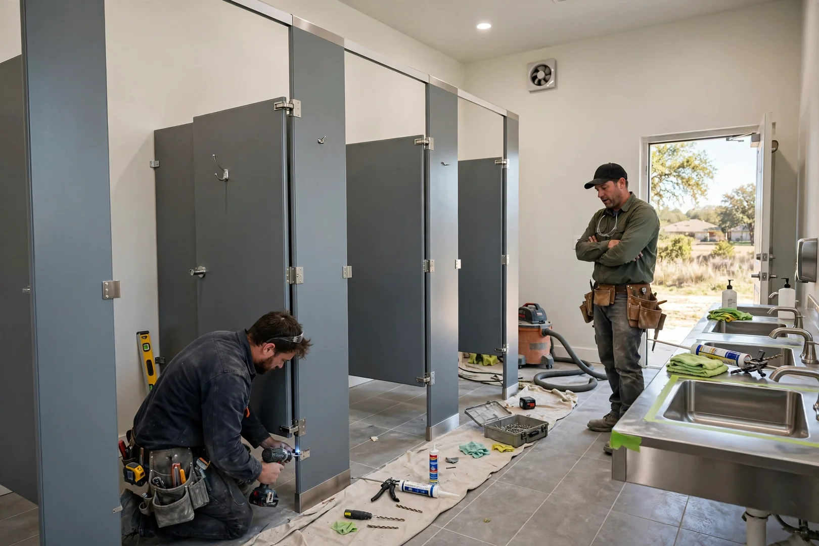 Wide shot of a multi-stall restroom with powder-coated partitions newly installed