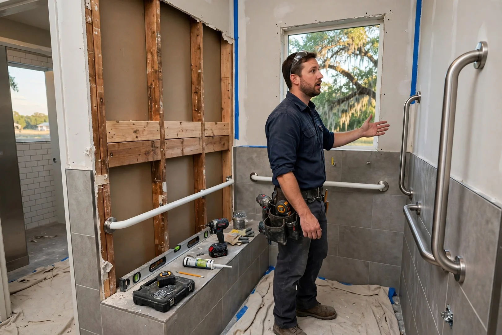 ADA-accessible stall with grab bars mounted to reinforced wall backing