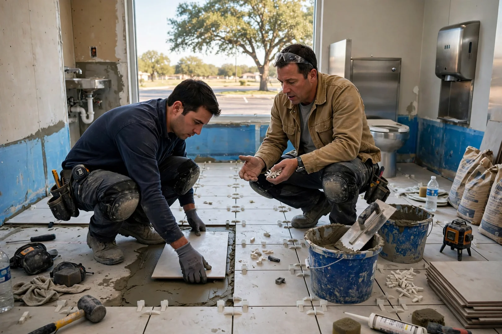 Crew setting commercial-rated tile with mortar and spacers in a Rowlett restaurant restroom