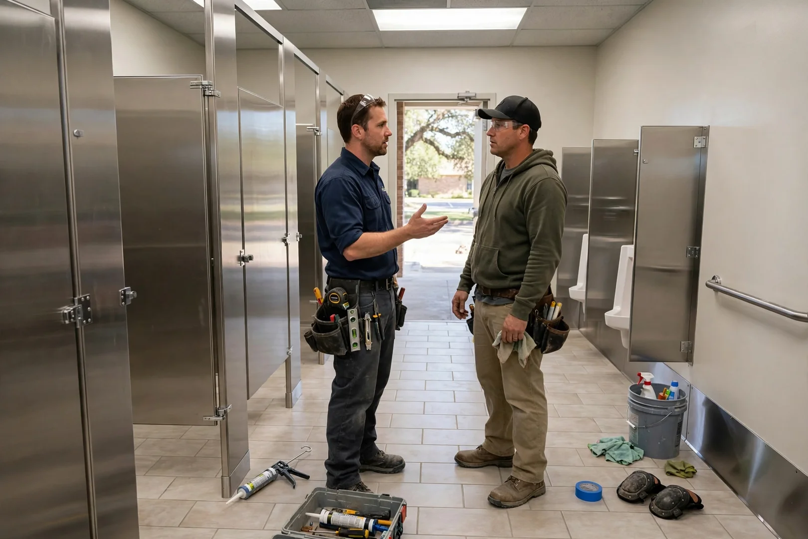 Finished commercial restroom with porcelain tile floor and stainless partitions in Rowlett