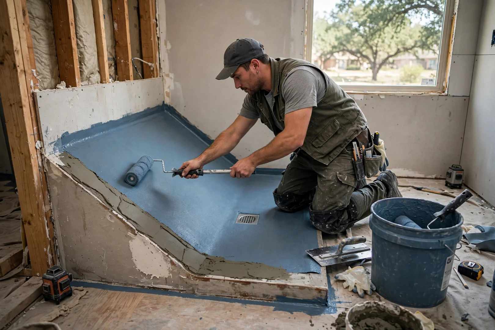 Installer applying waterproofing membrane over a sloped mortar bed before tile setting