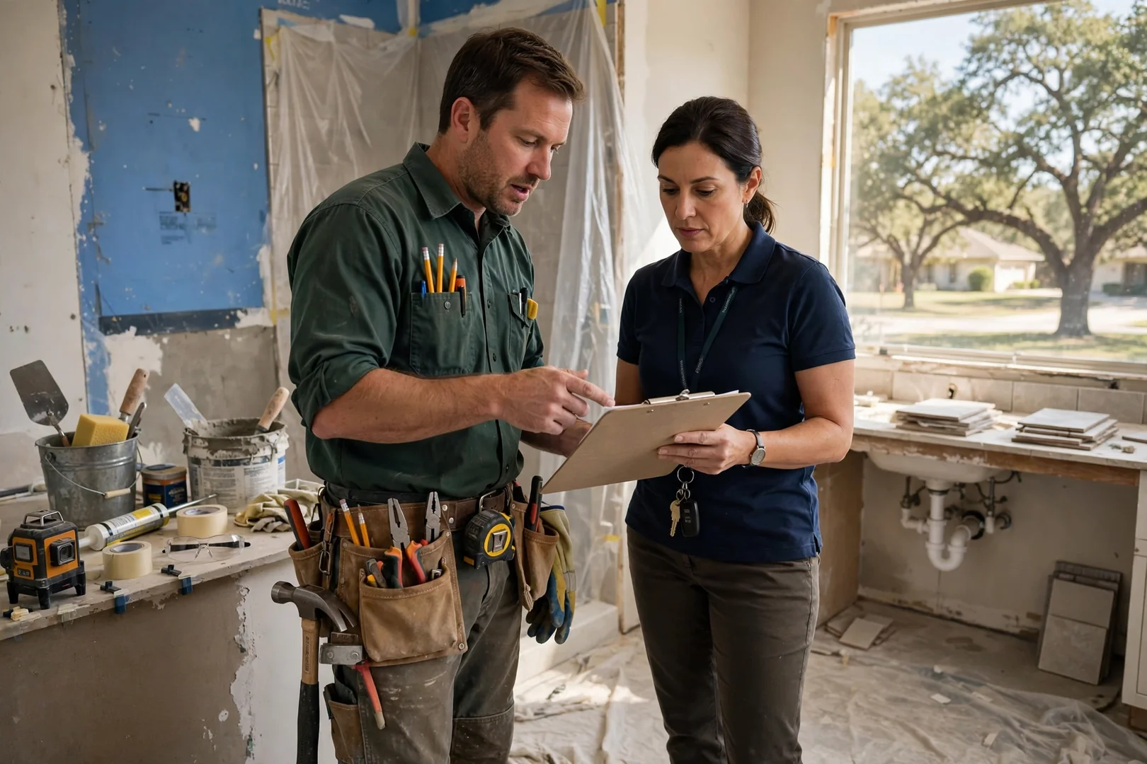 Contractor reviewing a written restroom remodeling estimate with a Rowlett property manager