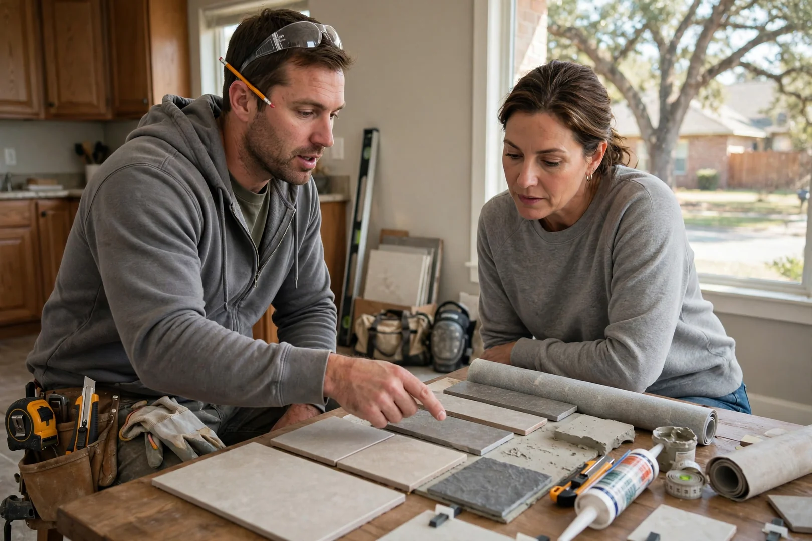 Contractor reviewing bathroom remodel estimate and tile samples with homeowner in Rowlett