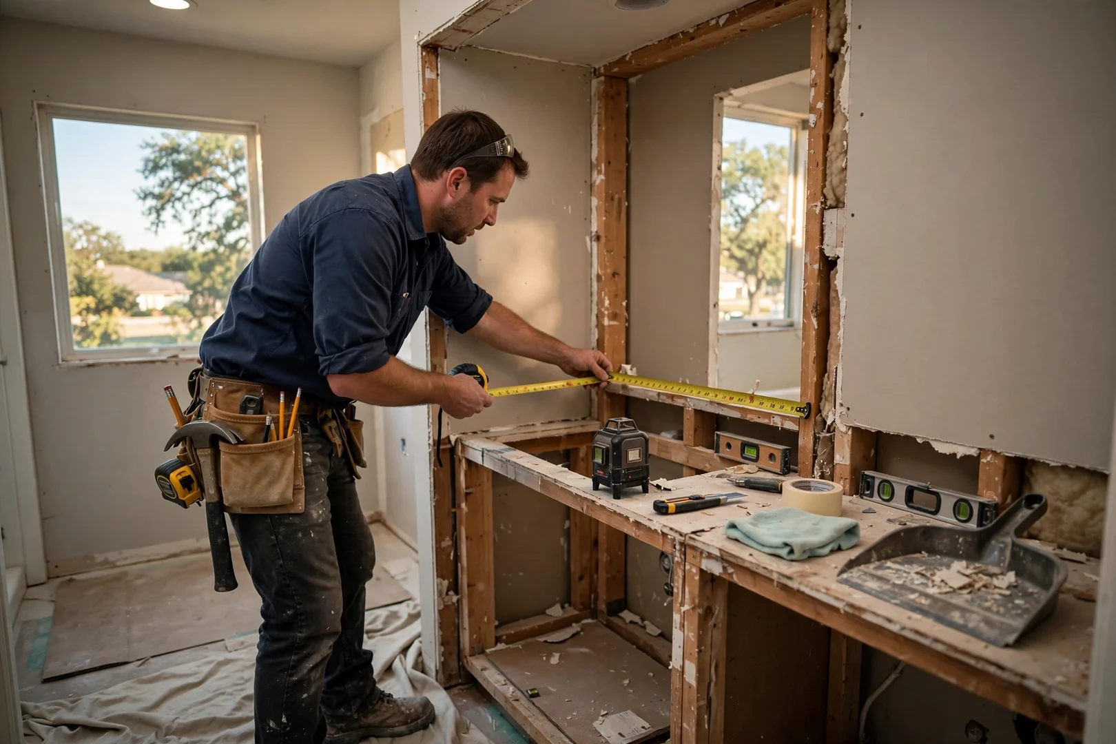 Measuring a bathroom alcove and vanity wall during a remodeling cost assessment