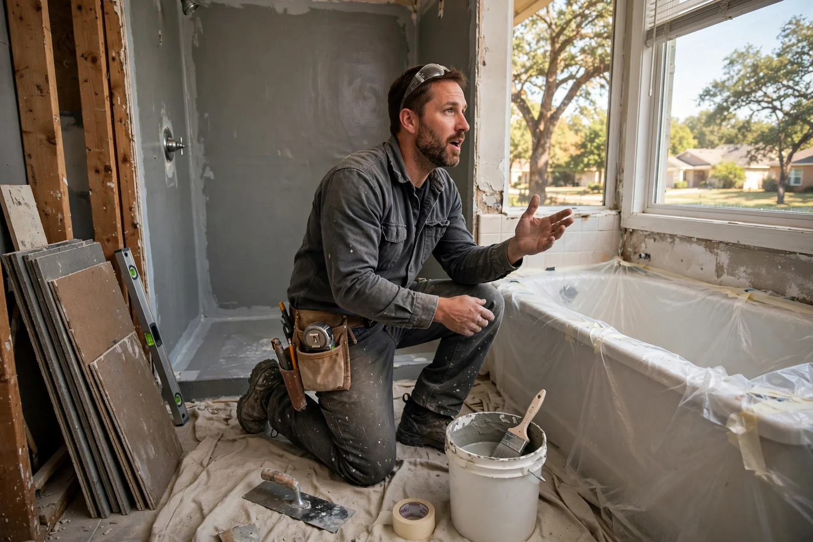 Homeowner reviewing a written bathroom remodeling estimate with a contractor in Rowlett