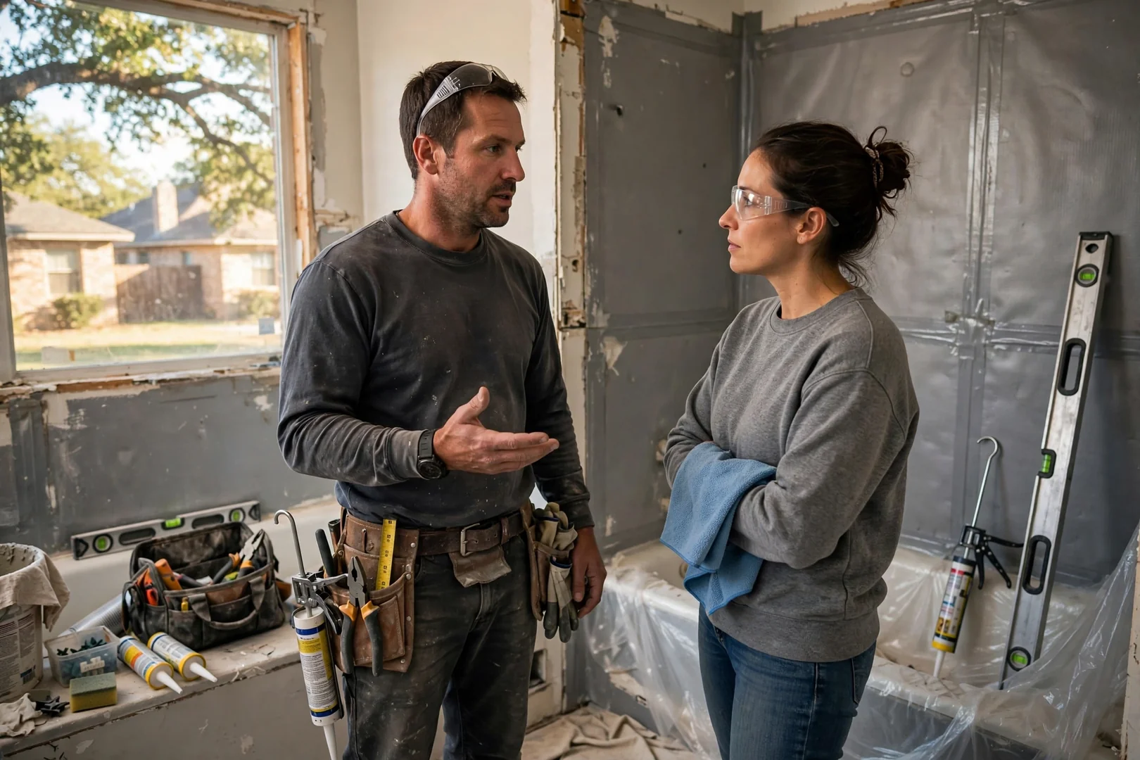 Homeowner reviewing custom bathroom remodel tile and vanity samples with a contractor