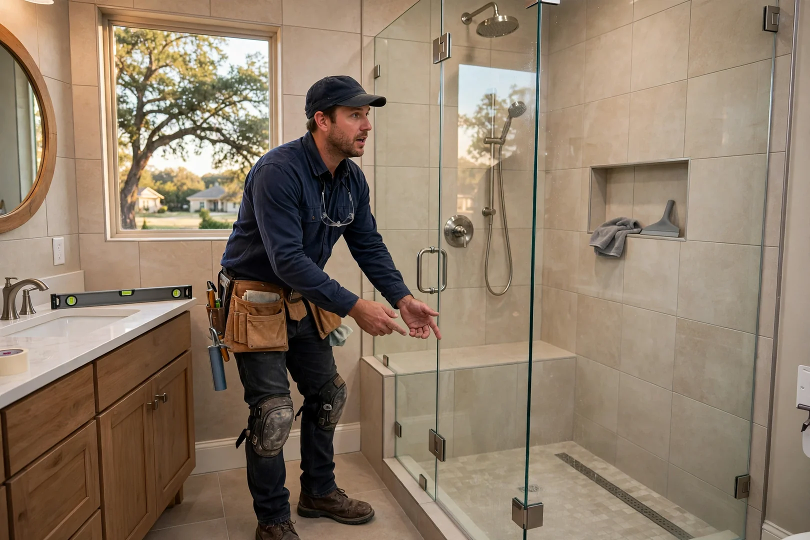 Finished primary bathroom remodel with porcelain tile walls and frameless glass shower