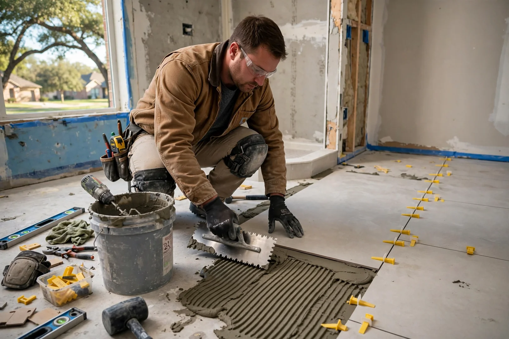Installer setting large-format floor tile with notched trowel and leveling clips