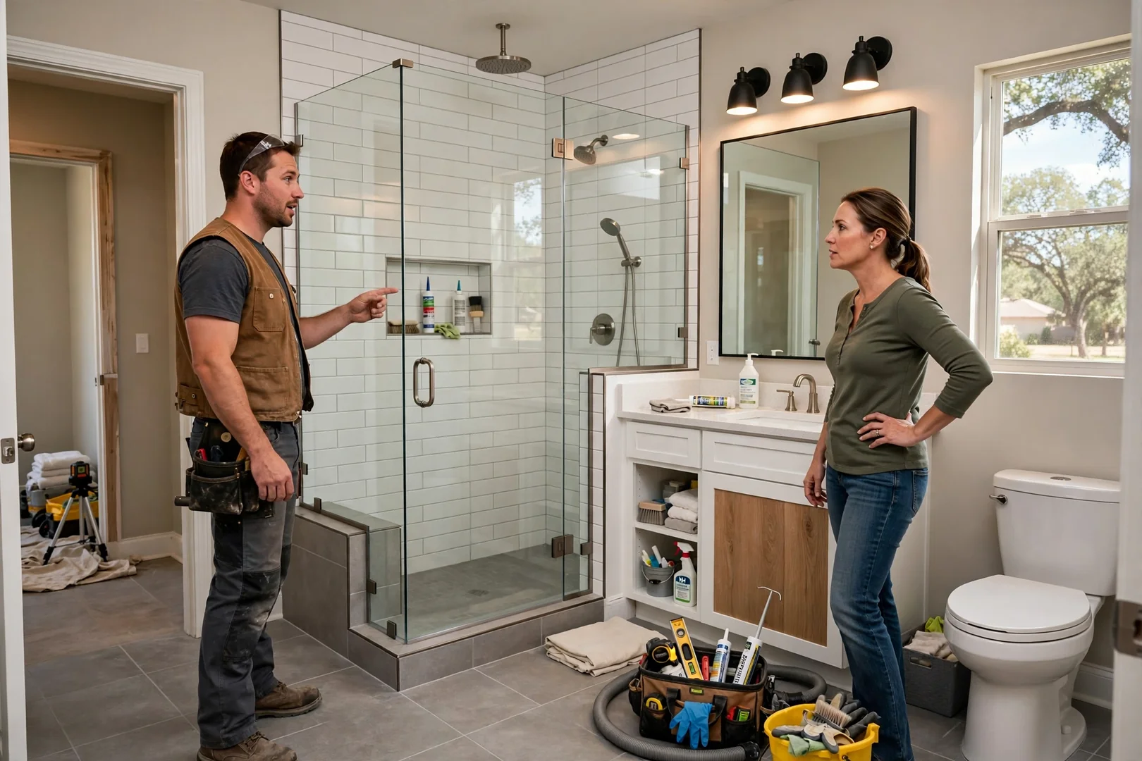 Wide view of completed guest bathroom remodel in a Rowlett family home