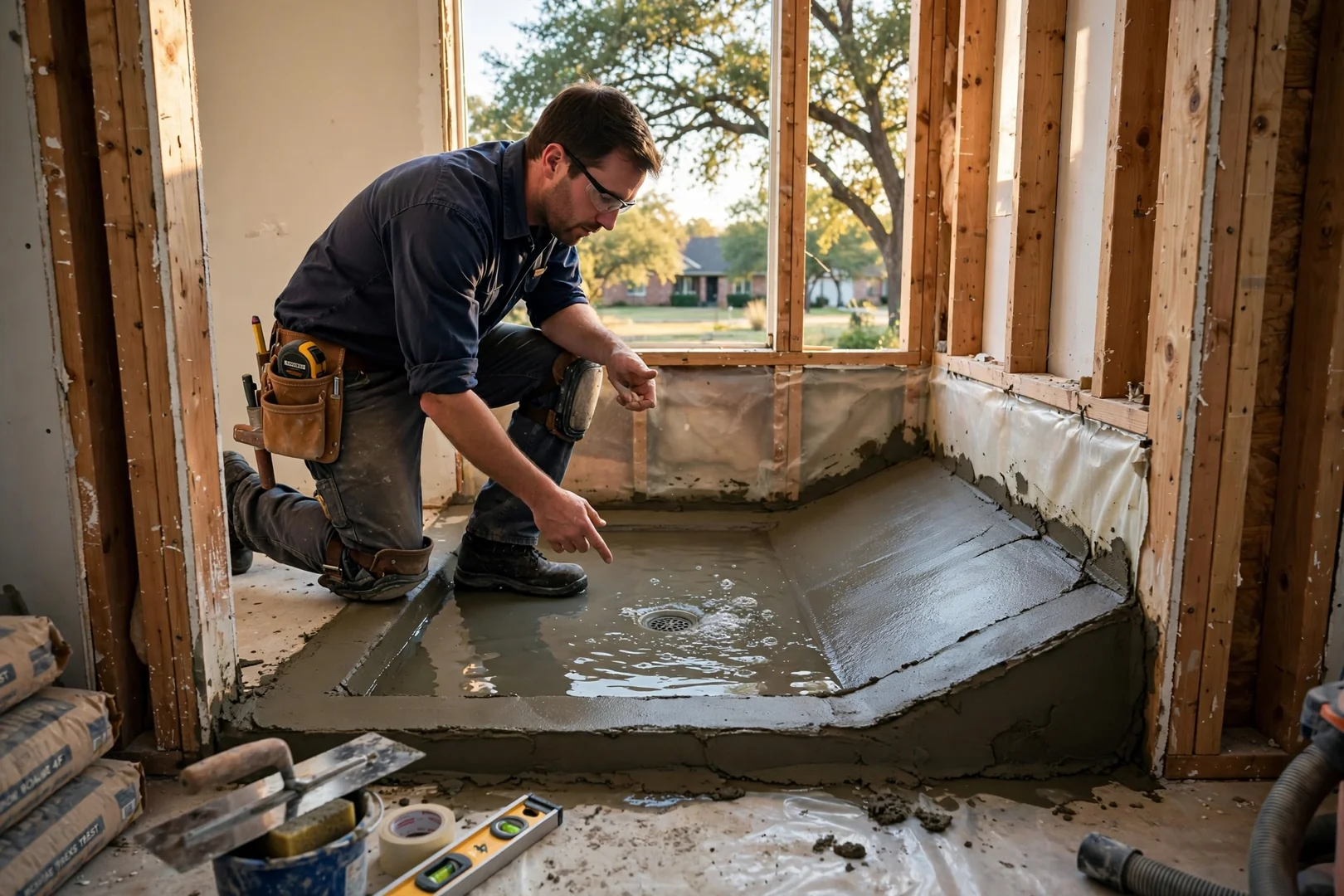 Mortar bed shower pan sloped to drain during flood test before tile installation