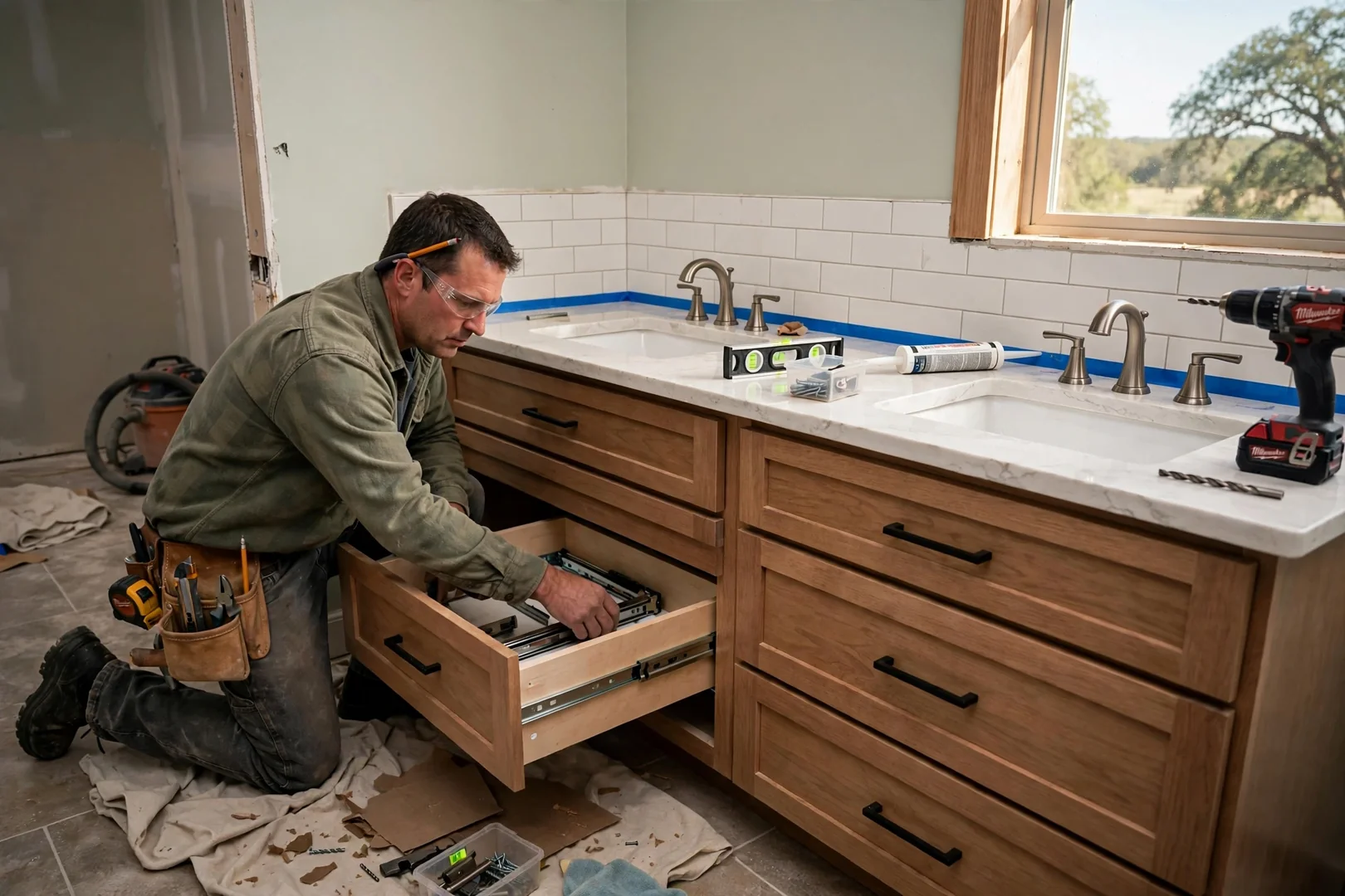 Double vanity with quartz counter and soft-close drawers installed in a remodeled bathroom