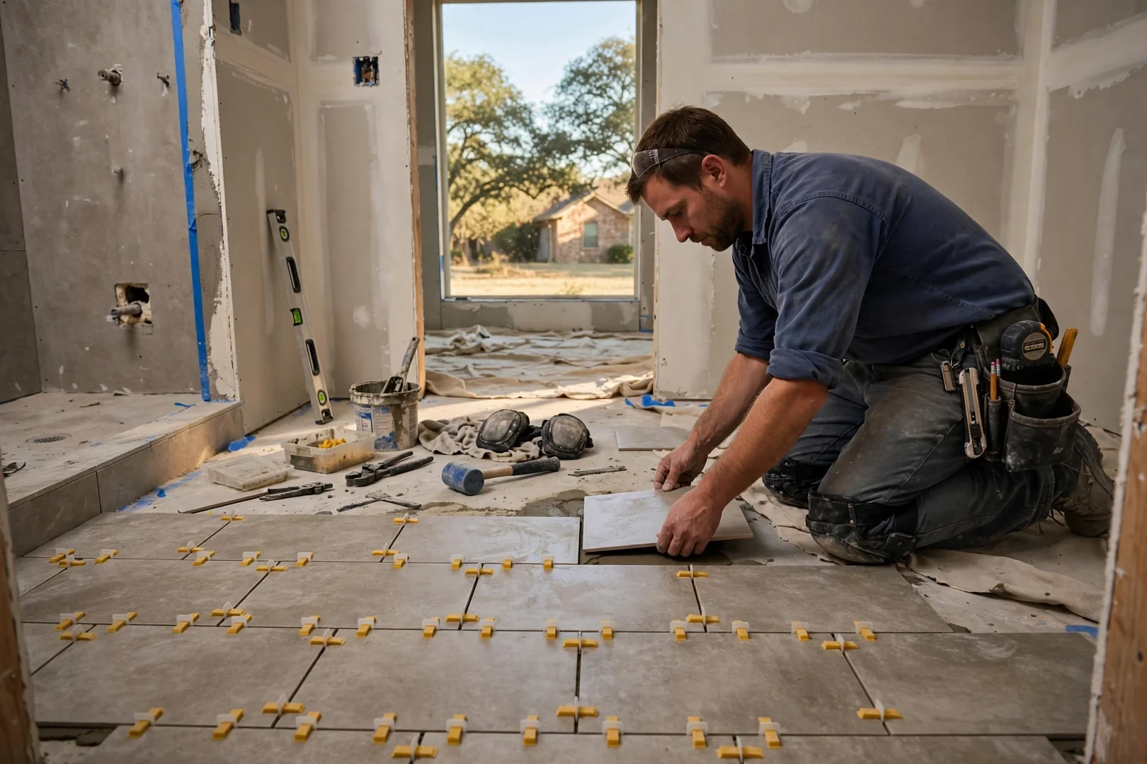 Crew member dry-fitting porcelain floor tile layout before setting thinset