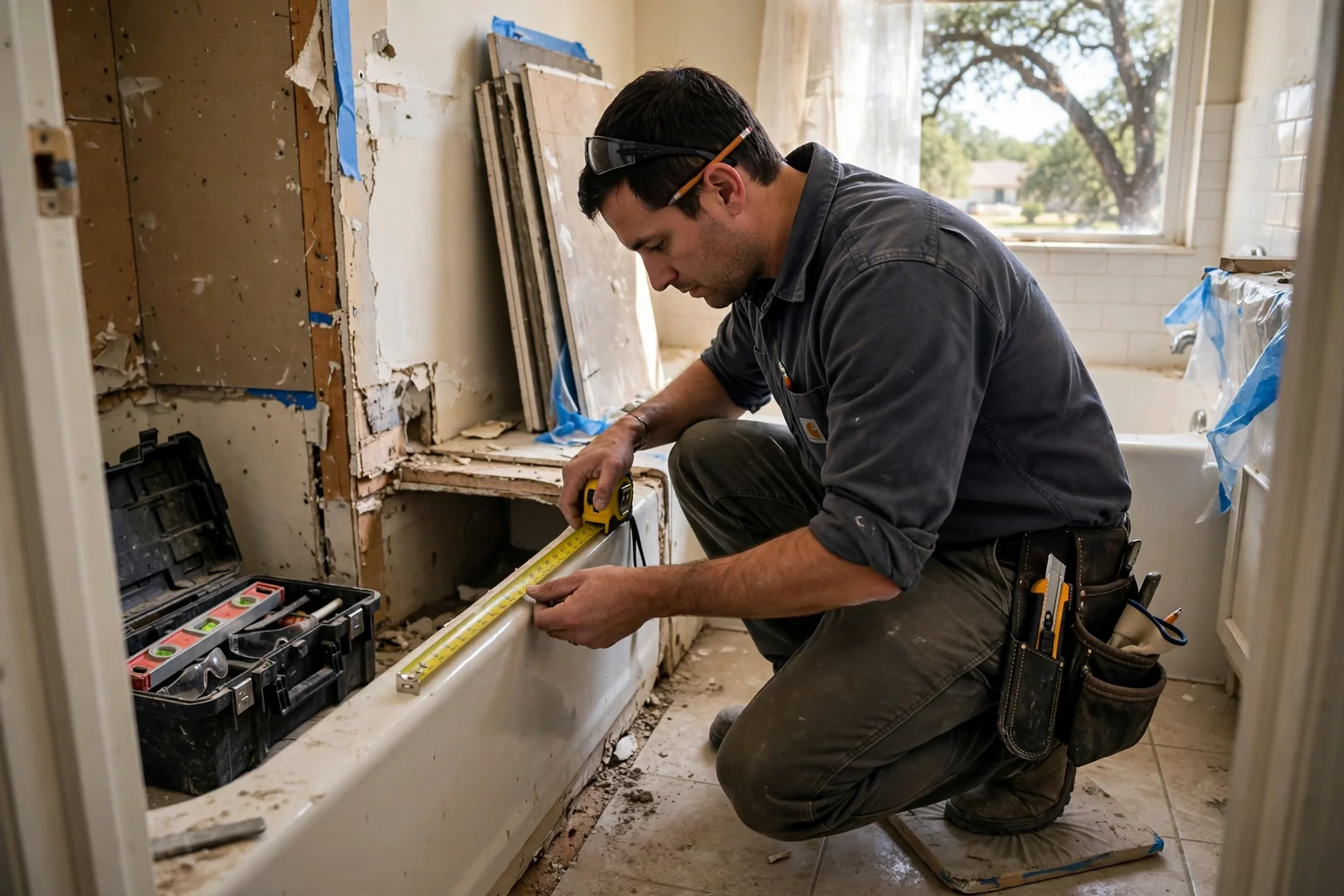 Contractor measuring an alcove tub opening while preparing a shower conversion estimate