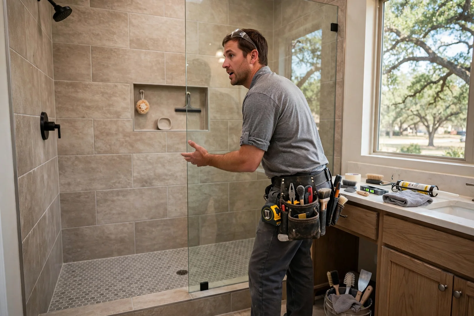 Finished walk-in shower with low threshold base and glass panel in a Rowlett bathroom