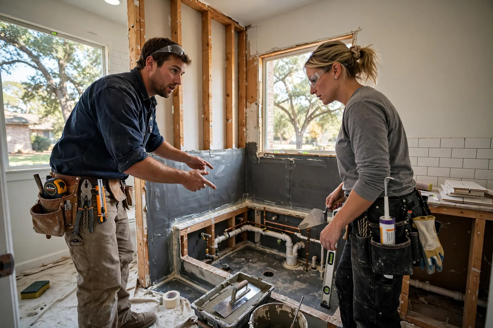 Homeowner reviewing walk-in shower conversion plans with a remodeling contractor in a Rowlett bathroom