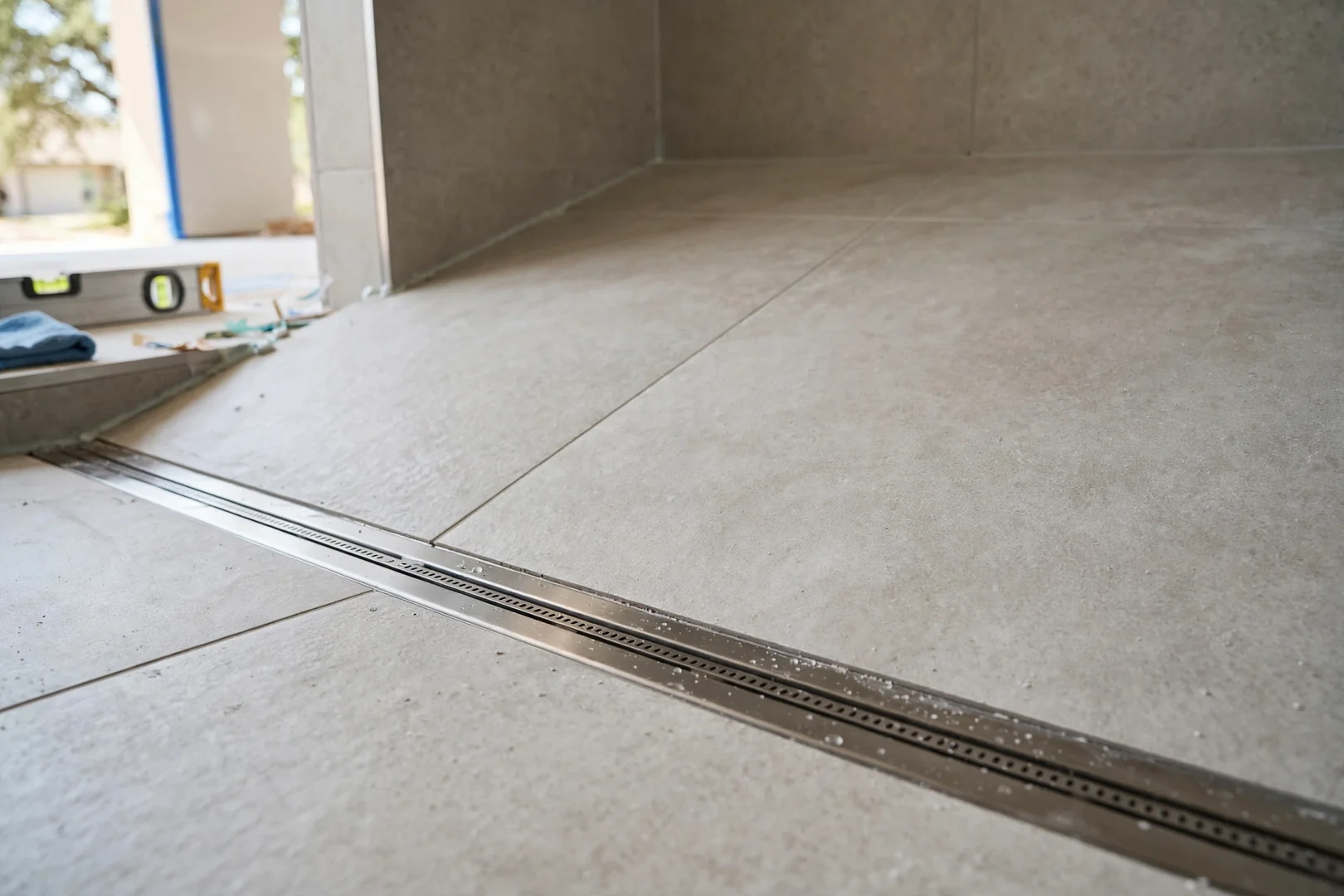 Curbless shower pan with linear drain set flush into a bathroom floor
