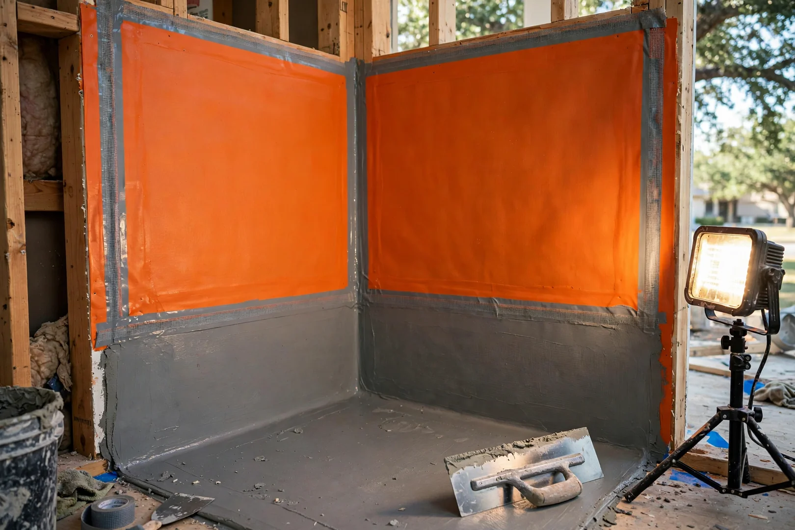 Waterproofing membrane applied over shower walls before tile installation