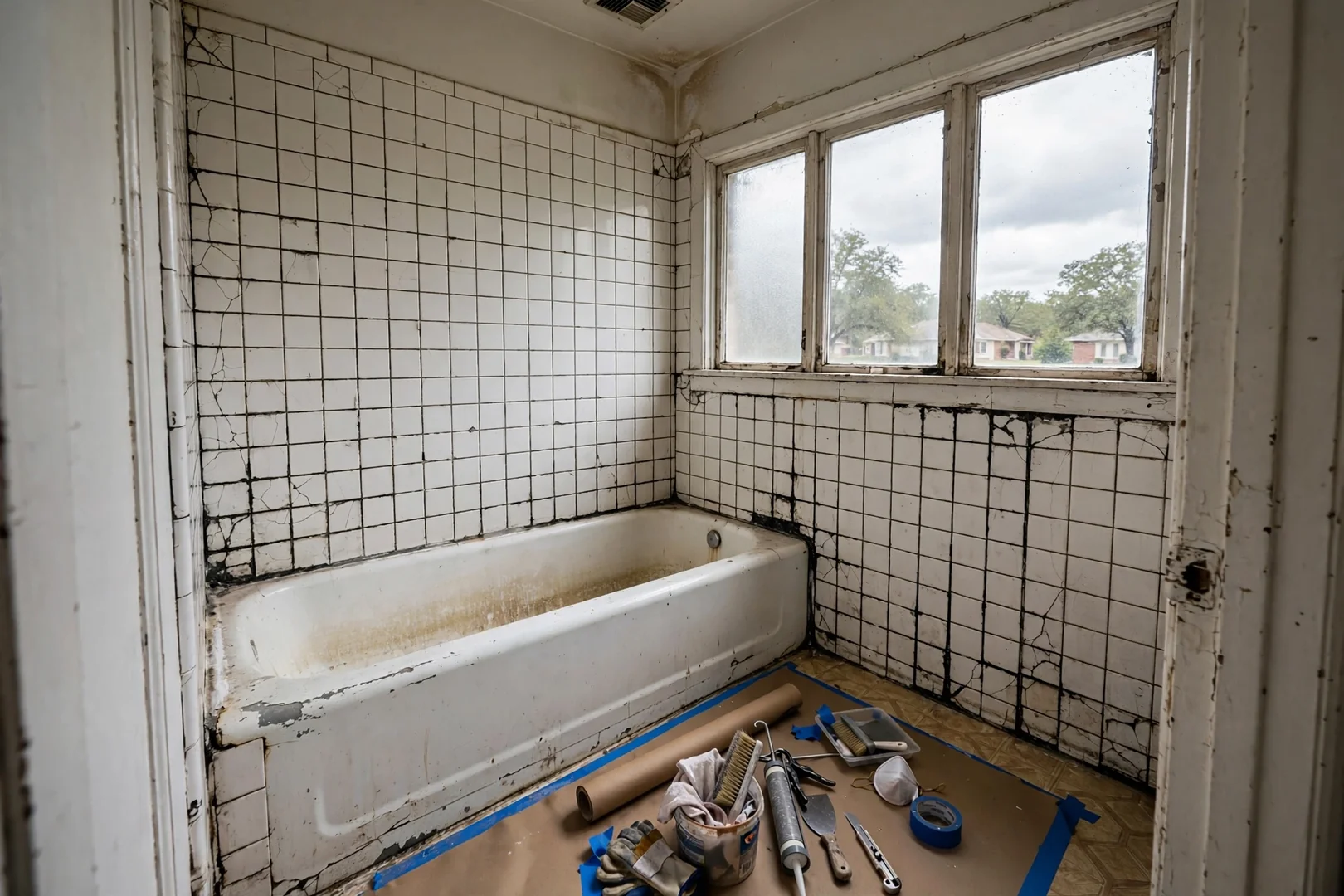 Old cast iron tub and dated surround before demolition in an older home