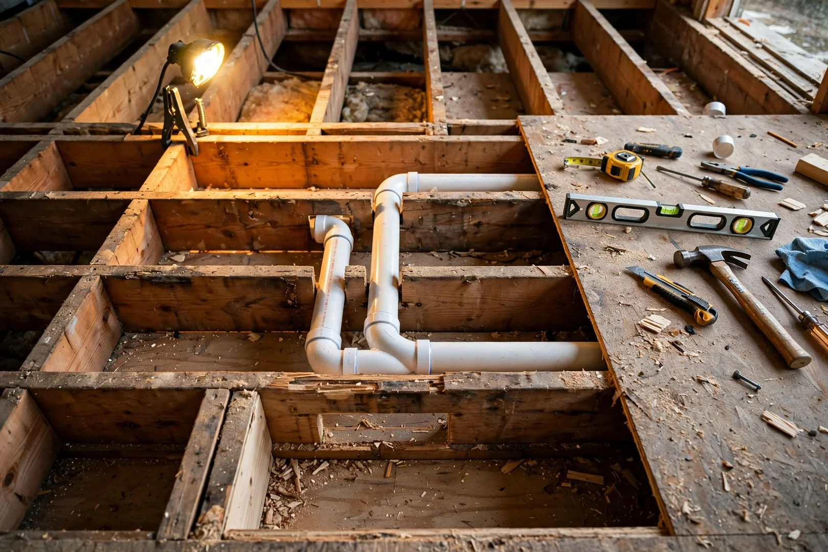 Drain line relocation and rough plumbing work during a shower conversion