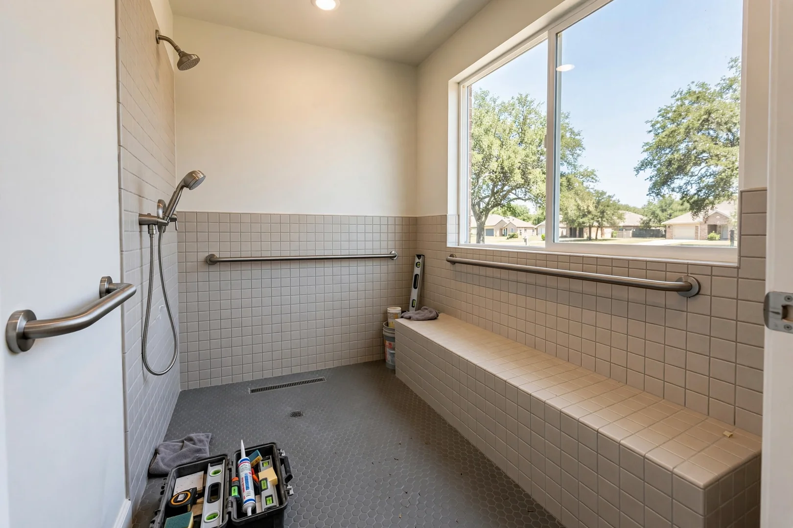 Accessible walk-in shower with bench seat and grab bars installed for aging in place