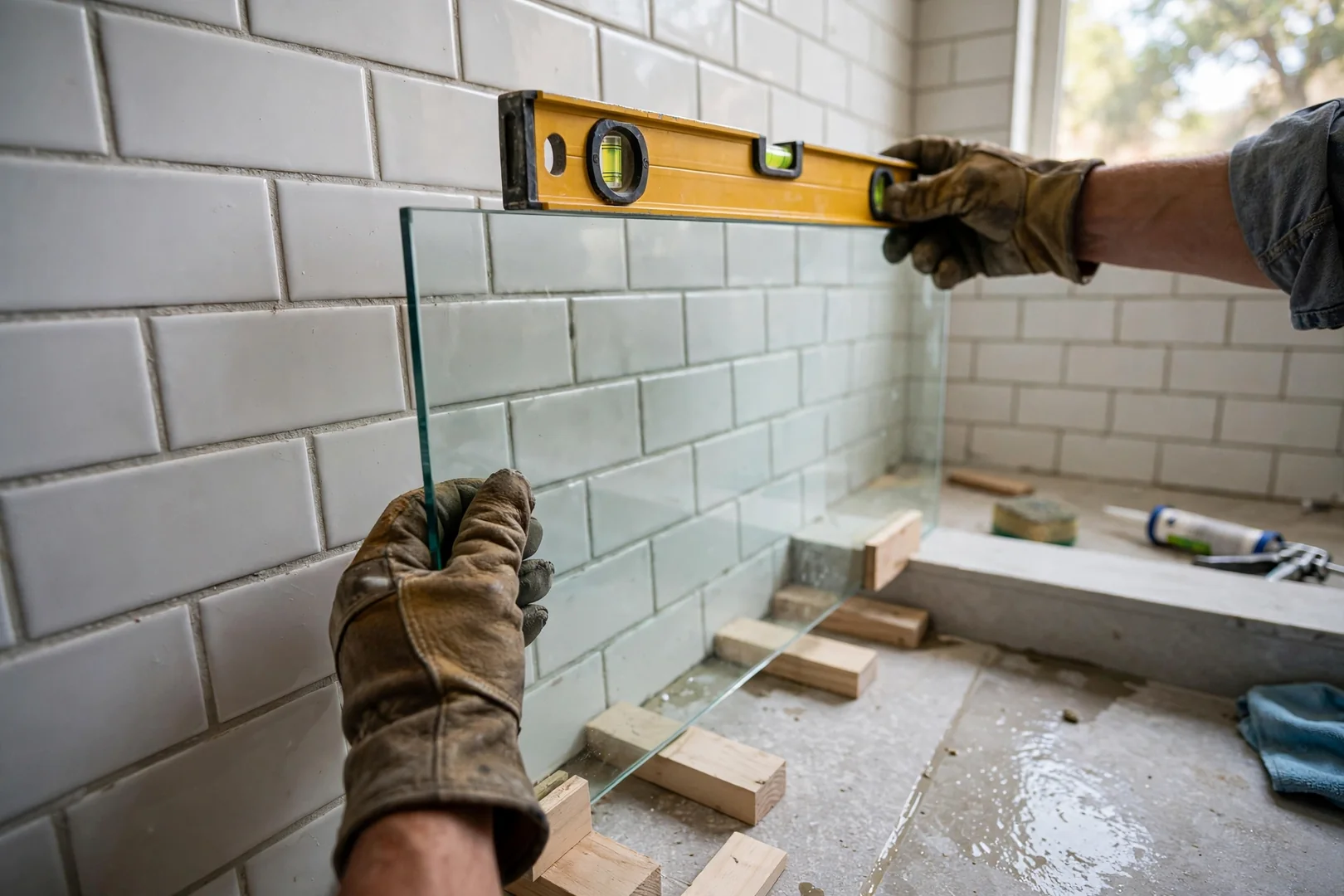 Frameless glass panel being set and aligned on a new shower curb