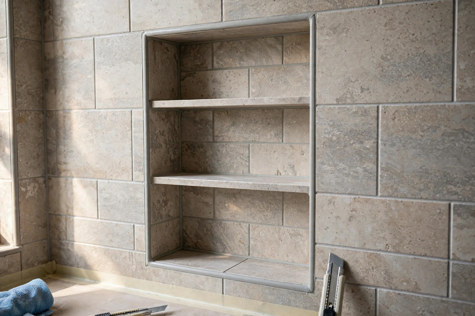 Built-in tile niche and sealed corner joints in a completed shower enclosure